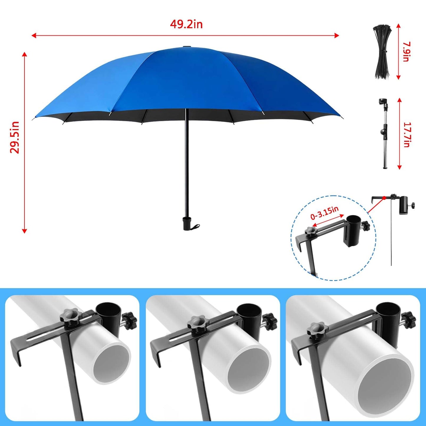 1Pack Pool Shade Umbrella, 49.2'' Large Adjustable Above Ground Pool Sunshade Canopy with Clamp 360°Swivel UPF 50+ Portable Weatherproof Patio Umbrella for Swimming Pool Outdoor Garden Beach Chairs