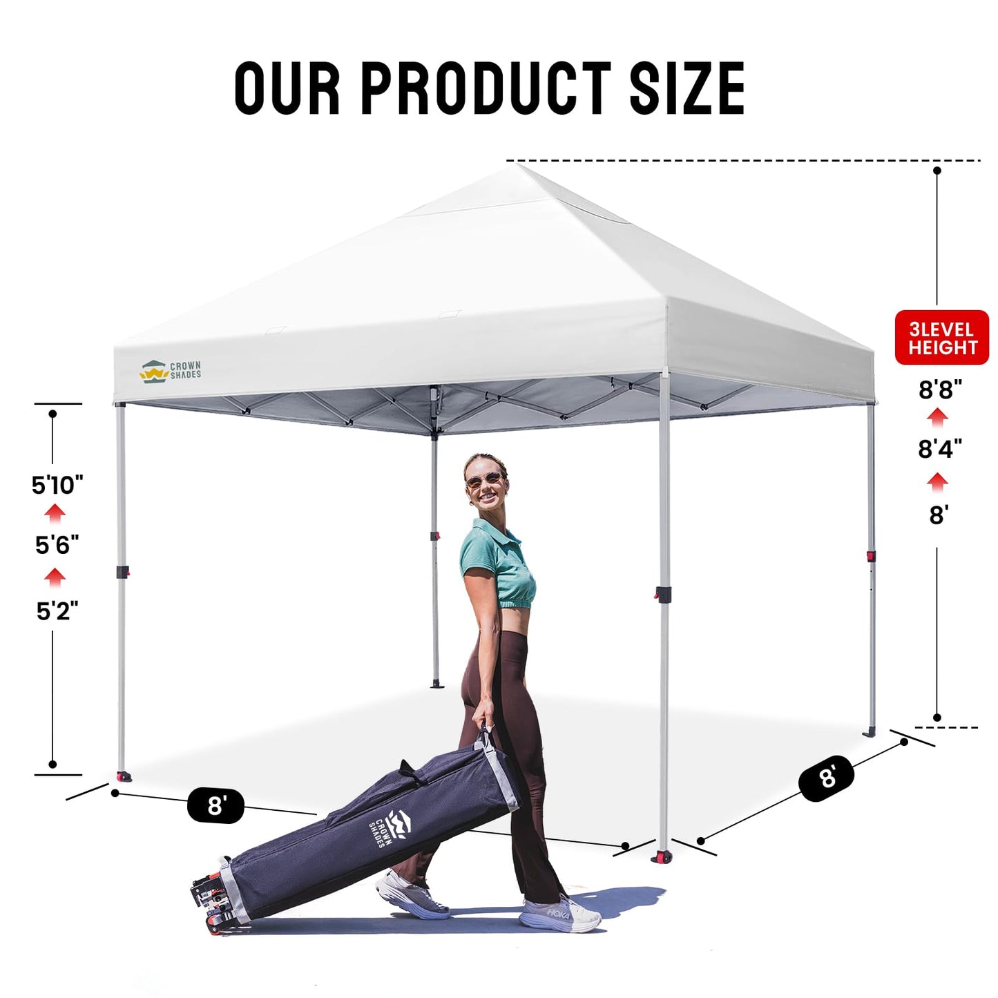 CROWN SHADES 8x8 Pop Up Canopy - Beach Tent with One Push Setup - Easy Outdoor Sun Shade for Events, Parties, Camping - Gazebo with STO-N-Go Cover Bag, Silver Coated Top, White