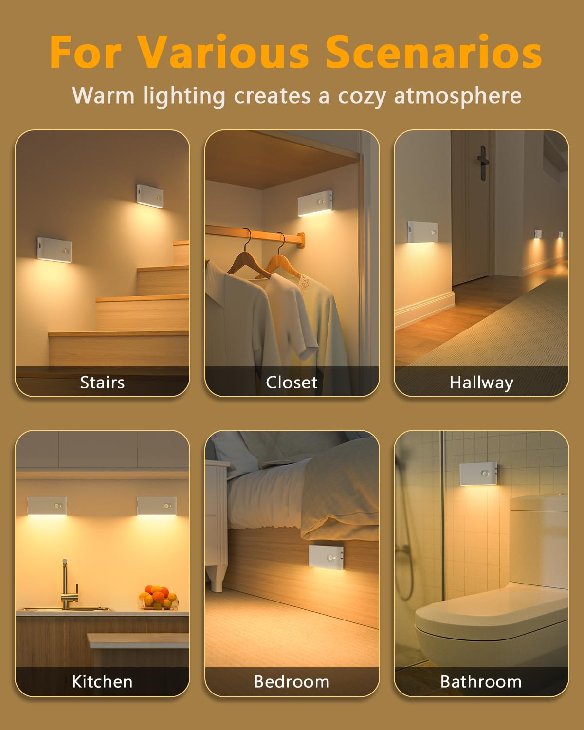 WILLED Stair Lights Indoor,Warm White Rechargeable Night Light,Wireless Motion Sensor Night Light,Battery Stick On Lights for Stairway,Hallway,Kitchen,Closet,Cabinet,Bedroom,Kids' Room(4-Pack)