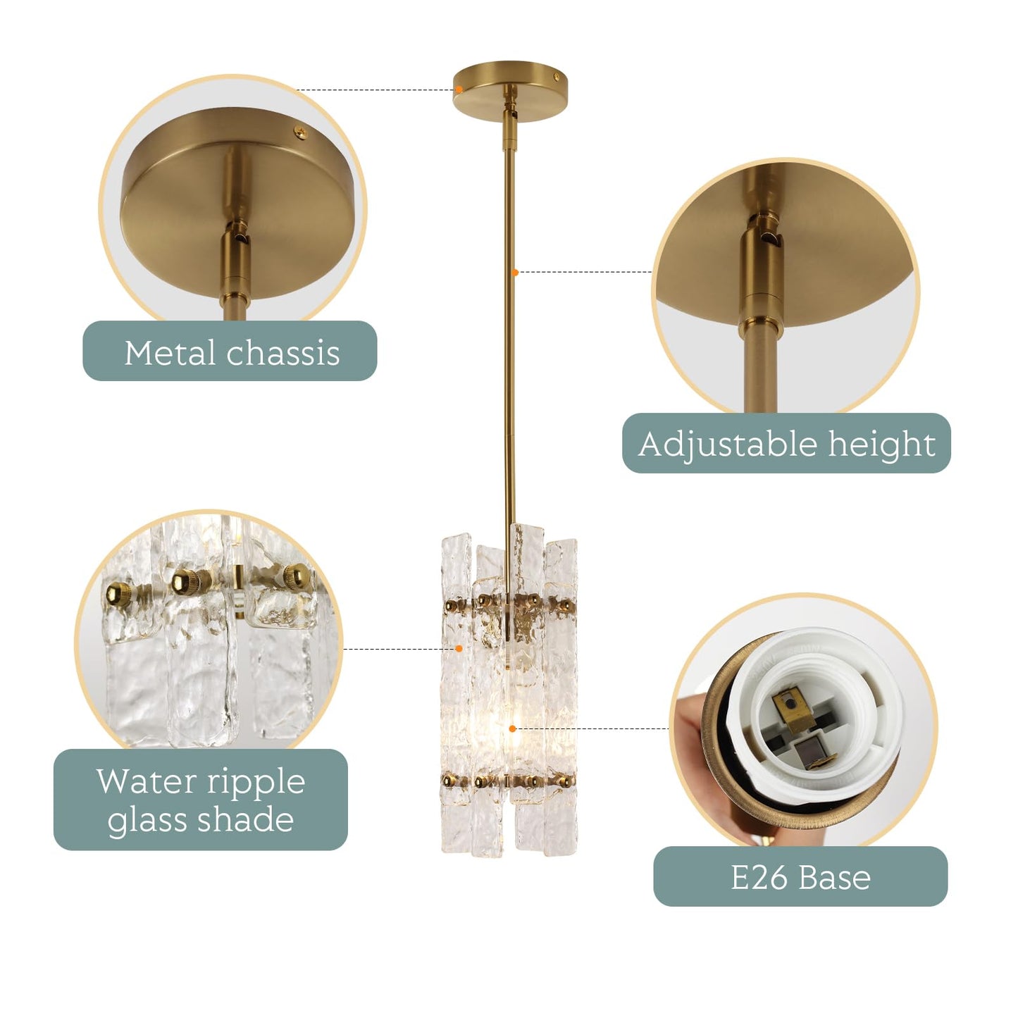 Modern Crystal Pendant Light for Kitchen Island, Gold Luxury Mini Water Ripple Glass Chandelier Lights Fixture, Modern square Adjustable Hanging Pendant Lighting for Dining Room Bedroom (3-Pack)
