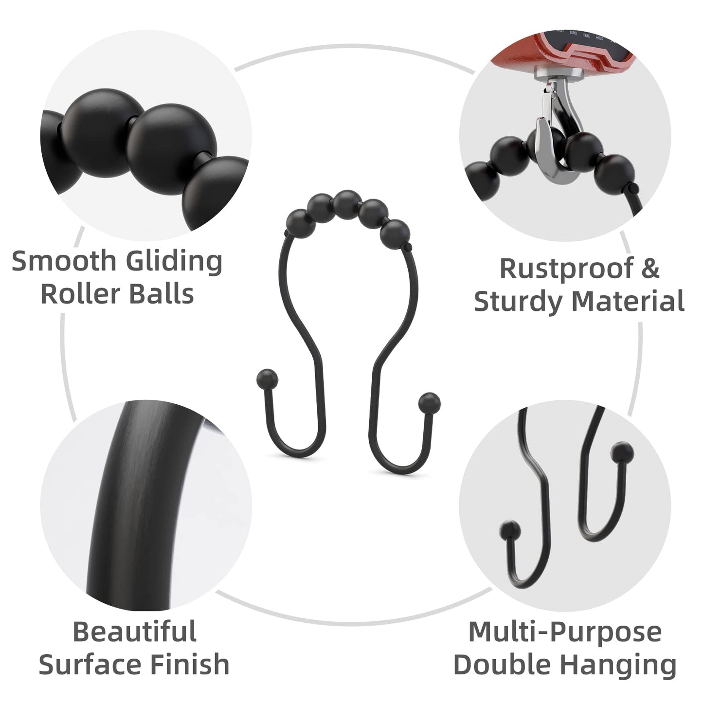 Bathway Shower Curtain Hooks Shower Curtain Rings Black Shower Curtain Hooks RustProof Smooth Metal Double Shower Curtain Hook, Shower Hooks for Shower Curtain Liner Bathroom Shower Rod Hook