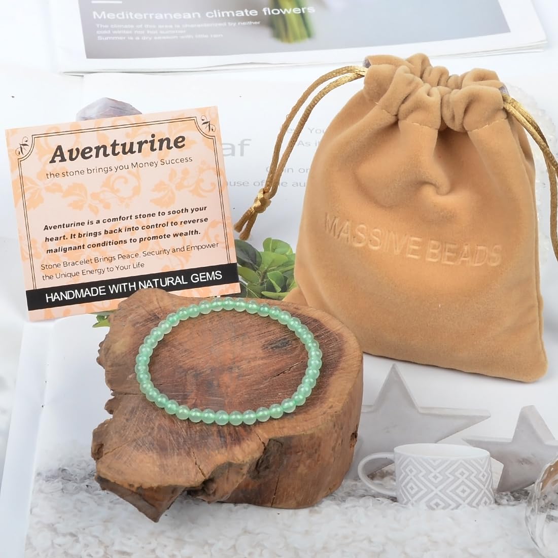 MASSIVE BEADS Green Aventurine - Stone of Wealth - Handmade Yoga Stretch Elastic Bracelet Natural Stone Crystal Healing Power Energy Gifts for Unisex Adult 4mm