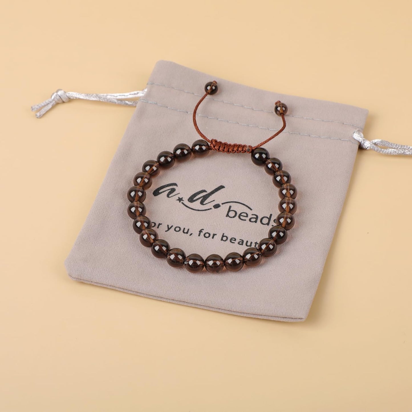 AD Beads Natural 8mm Gemstone Bracelets Healing Power Crystal Macrame Adjustable 7-9 Inch (Smoky Quartz)