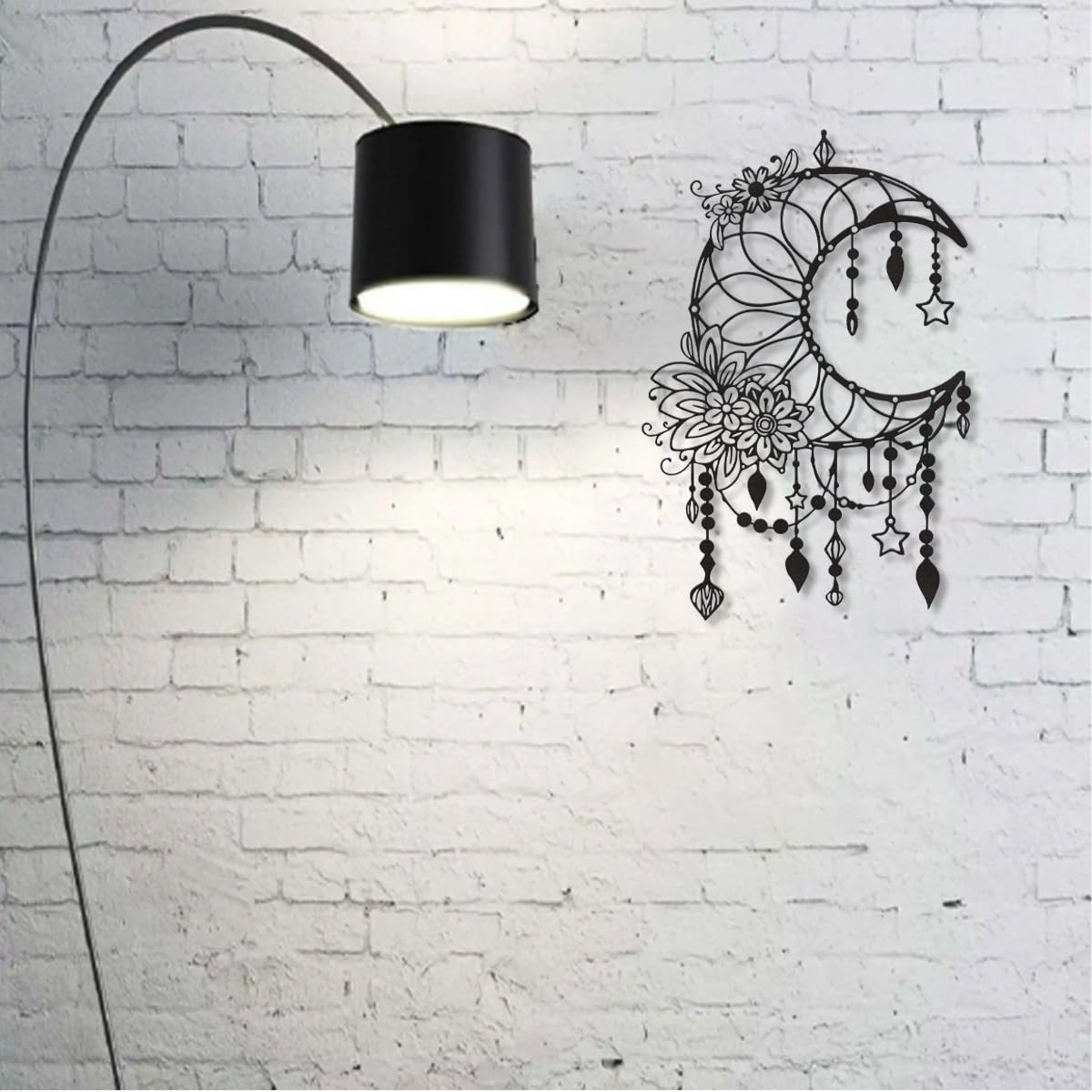 SYDERWE Metal Wall Art, Matte Black Moon Phase Decor, Celestial Bedroom Decor with Floral and Hanging Stars, Indoor & Outdoor