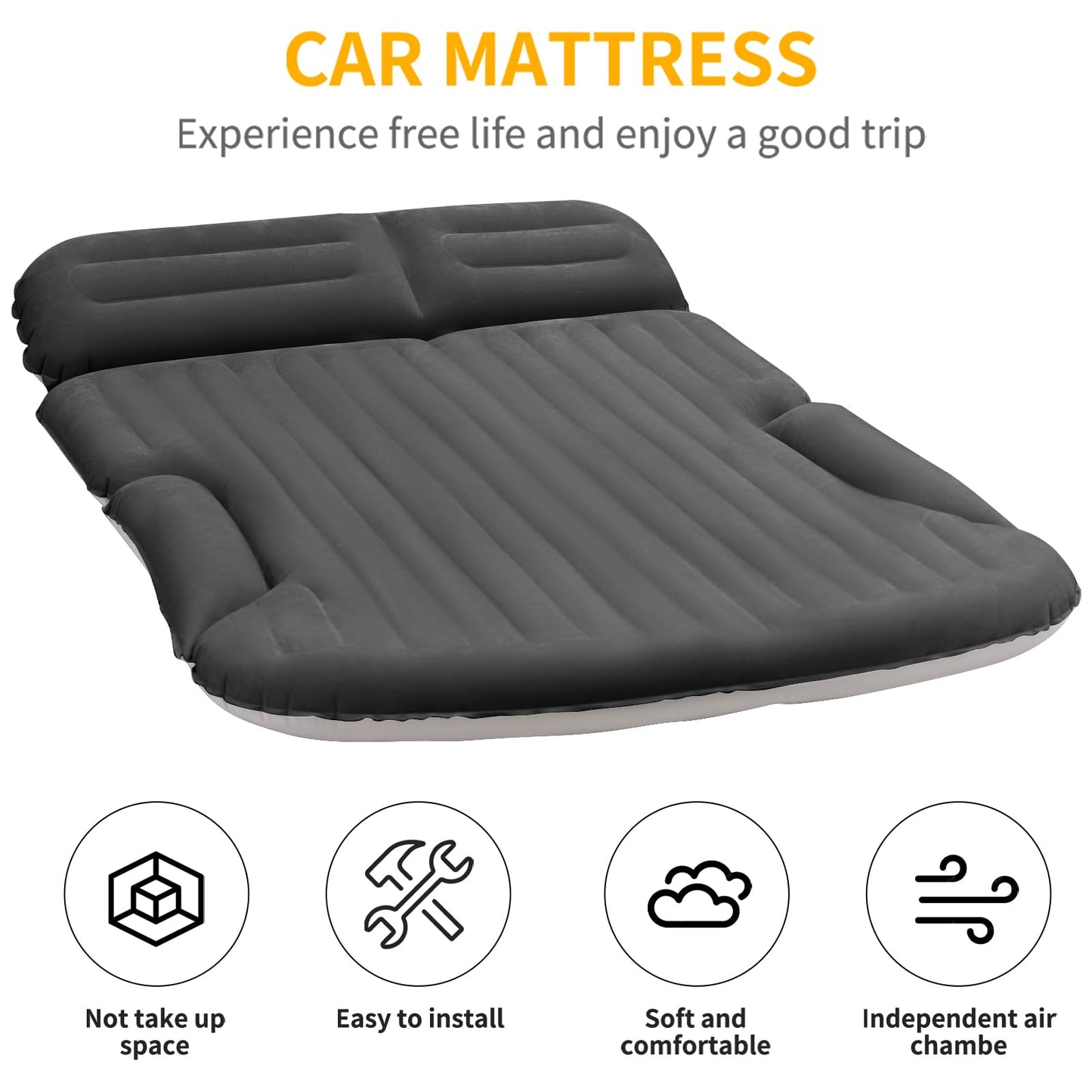 KMZ SUV Air Mattress Thickened and Double-Sided Flocking Travel Camping Bed with 2 Pillows & Electric Pump Dedicated Mobile Cushion Inflatable Bed for SUV Trunk and Rear Seat (Dark Gray)
