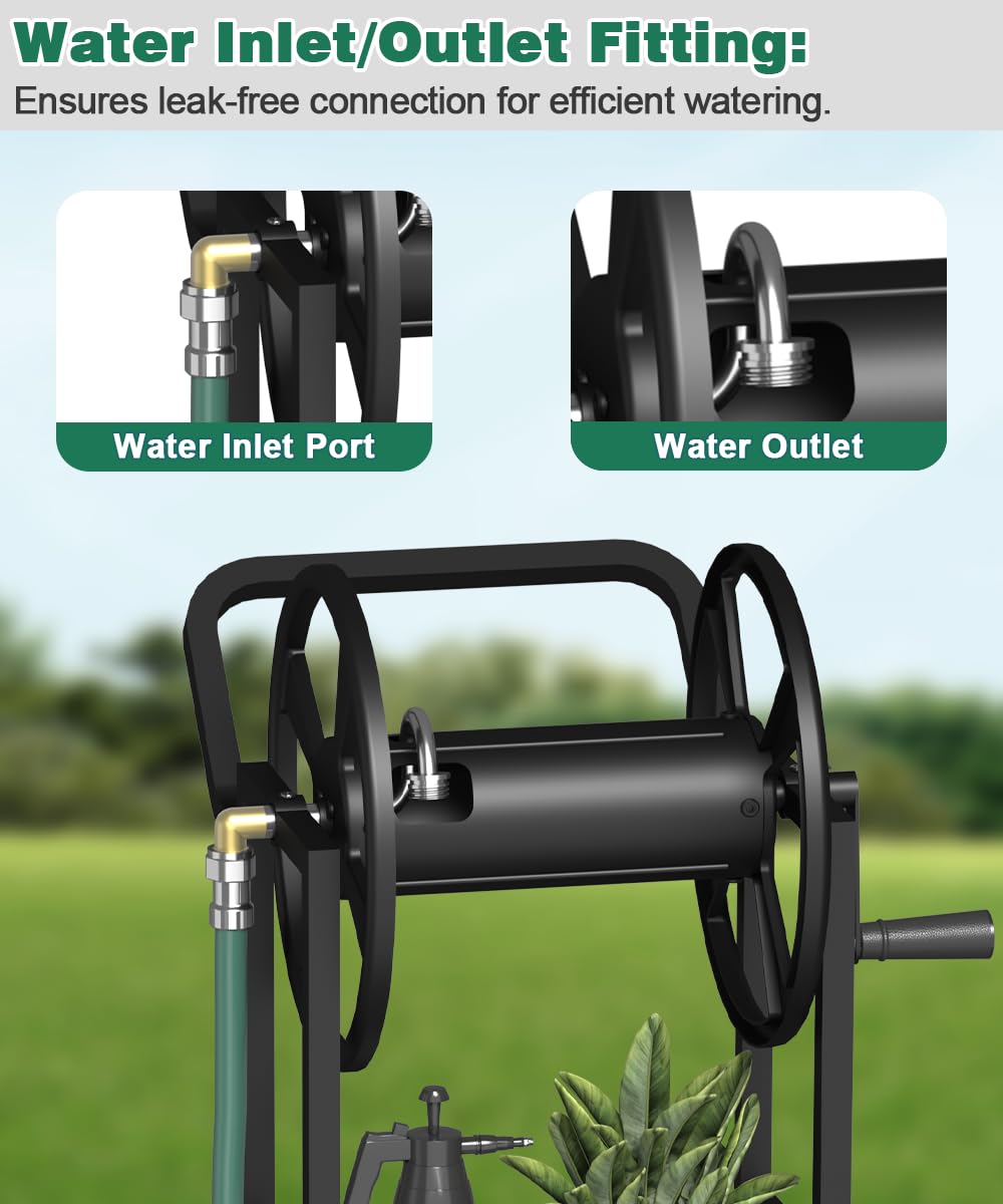 Artigarden Hose Reel Cart with 2 Wheels, Garden Water Hose Holder Heavy Duty Powder Coated Steel Outdoor Winder Storage Holds 125 ft 5/8" Hoses with Basket and 3.9ft Leader Hose for Backyard, Black