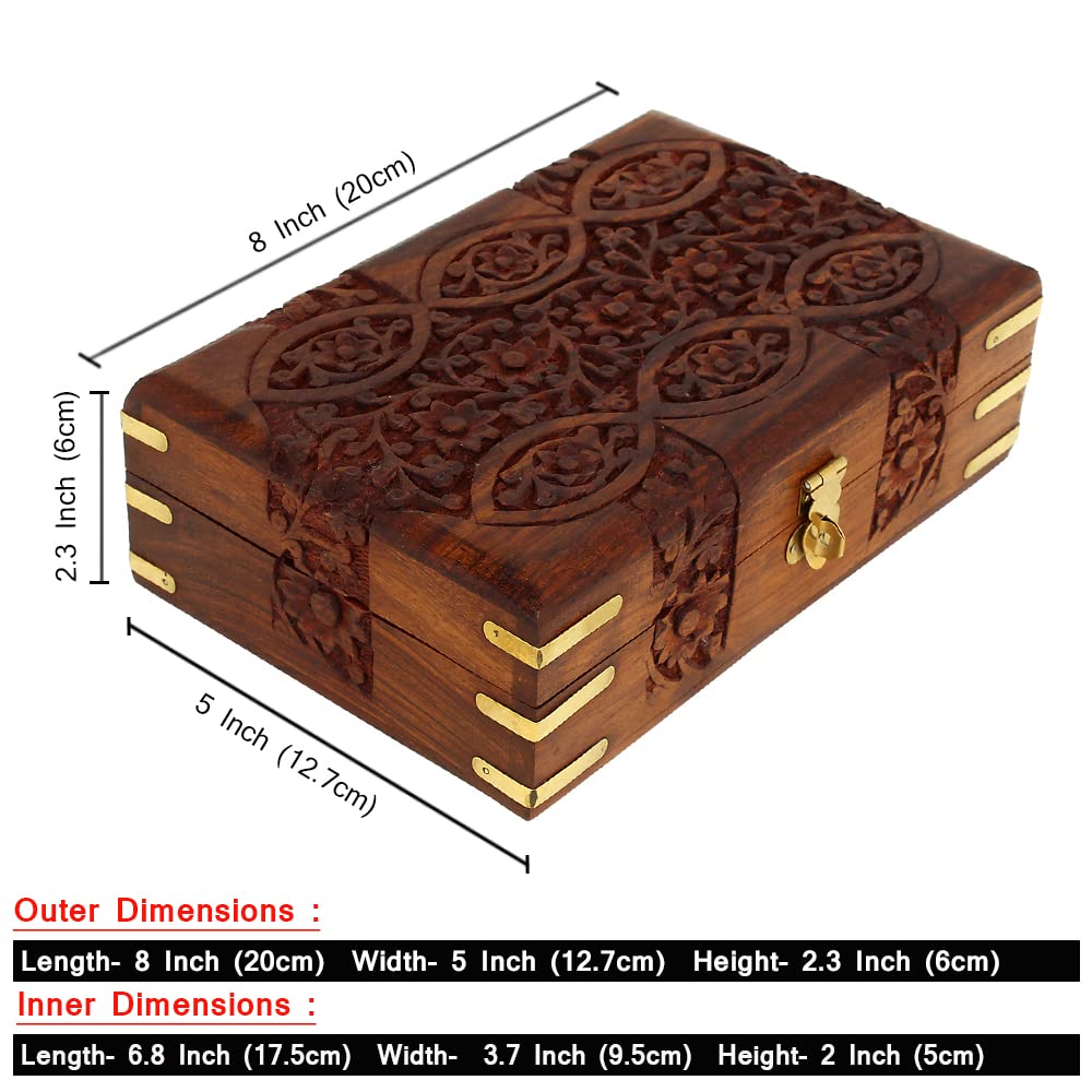 Ajuny Handcarved Treasure Chest Wooden Decorative Jewelry Storage Box Eye Floral Design Multipupose Small Memory Keepsake Box Pretty Gift Box Wood Trinket Boxes - 8X5 Inch
