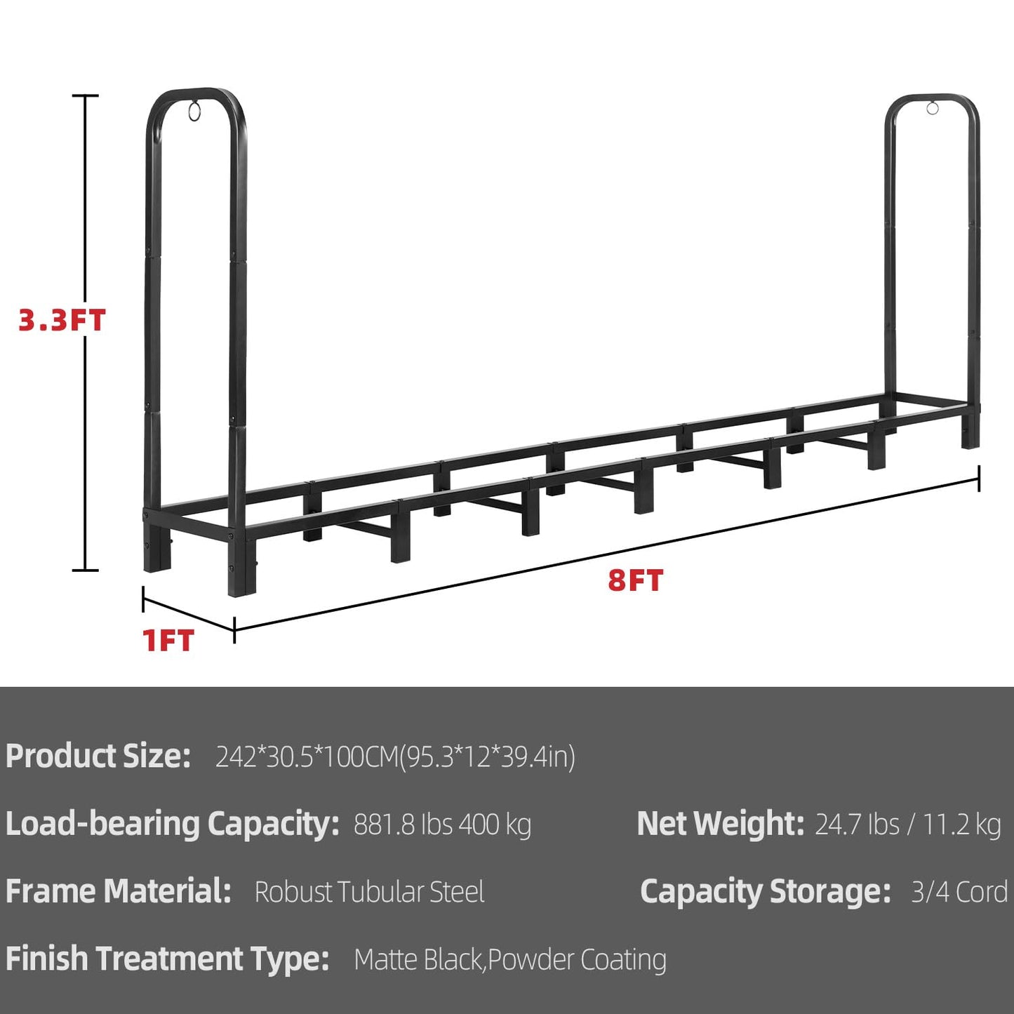 Kendane 8FT Firewood Rack Outdoor, Heavy Duty Adjustable Firewood log Storage & Holder, Wood Pile Lumber Storage Rack Stacking Outside for Courtyard Patio.