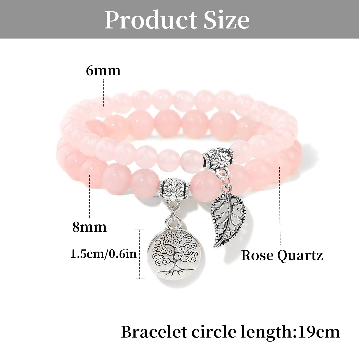 Rose Quartz Bracelets for Women Pink Quartz Natural Stone Crystal Bracelet Gemstone Beaded Bracelet Boho Tree of Life and Leaf Charm Bracelet Rose Quartz Jewelry for Women