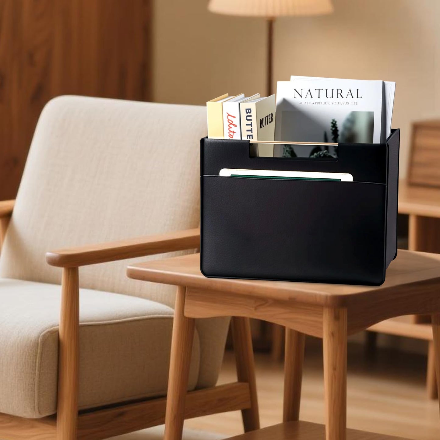 Craftmastudio Leather Magazine Holder Foldable with Handles，Stable Magazine Rack Floor，Magazine Basket File Holder Storage，Document File Folder Organizer Free Standing for Office Living Room (black)