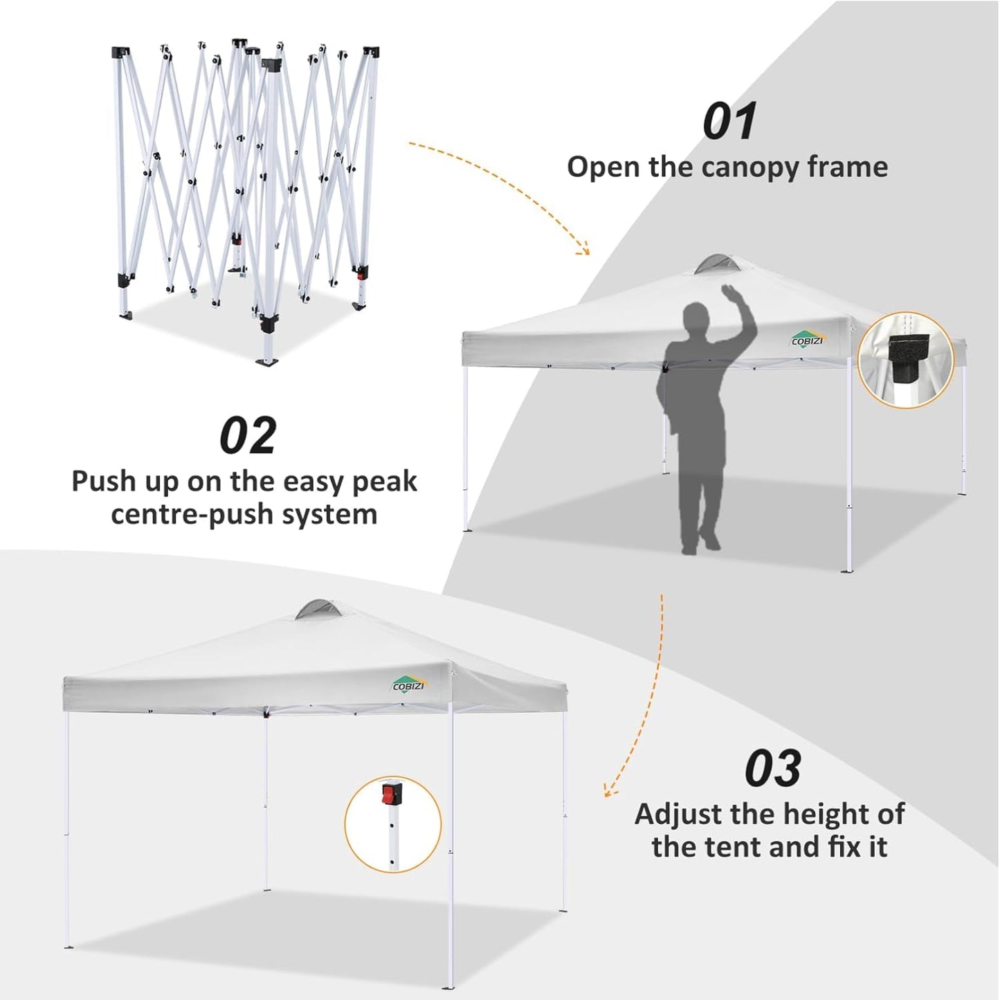 COBIZI 10x10 Pop Up Canopy Tent, One Push Outdoor Gazebo with 4 Removable Sidewalls & Air Vent, Waterproof Commercial Easy Up Adjustable Canopy with 4 Sandbags, 4 Stakes & 8 Ropes for Party, White