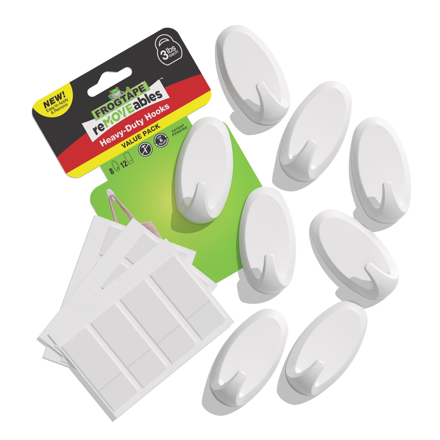 FrogTape reMOVEables Heavy Duty Wall Hooks - 8 Hooks and 12 Strips - Holds up to 3 lbs - No Damage - Easy to Remove & Reuse - Medium Wall Hook with Adhesive Strips - White (Pack of 8)