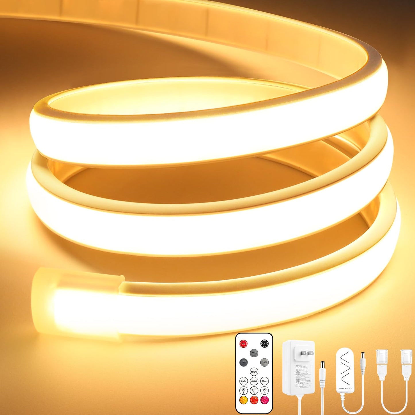 Lamomo COB LED Strip Lights Pro, 16.4Ft Warm White Dimmable Self-Adhesive Led Rope Light with Remote, Flexible Cuttable Waterproof 3000K Silicone Neon Tape Lights for Bedroom, Indoor, Outdoor,Cabinet