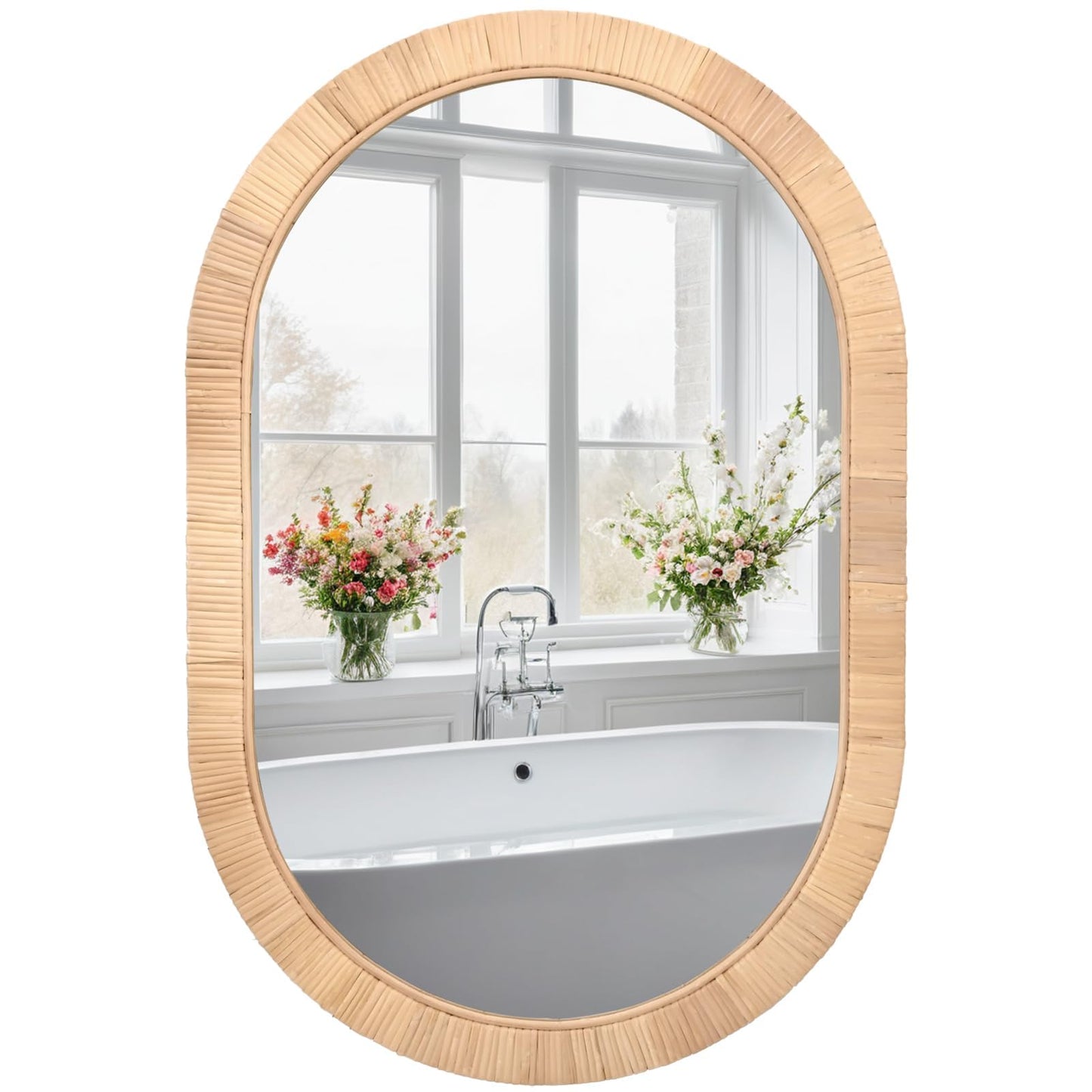 FUIN Handcrafted Rattan Oval Wall Mirror 20x30 – Natural Woven Wicker Frame for Boho Living Room & Entryway – High-Definition Shatter-Resistant Mirror – Vertical or Horizontal Biophilic Home Decor