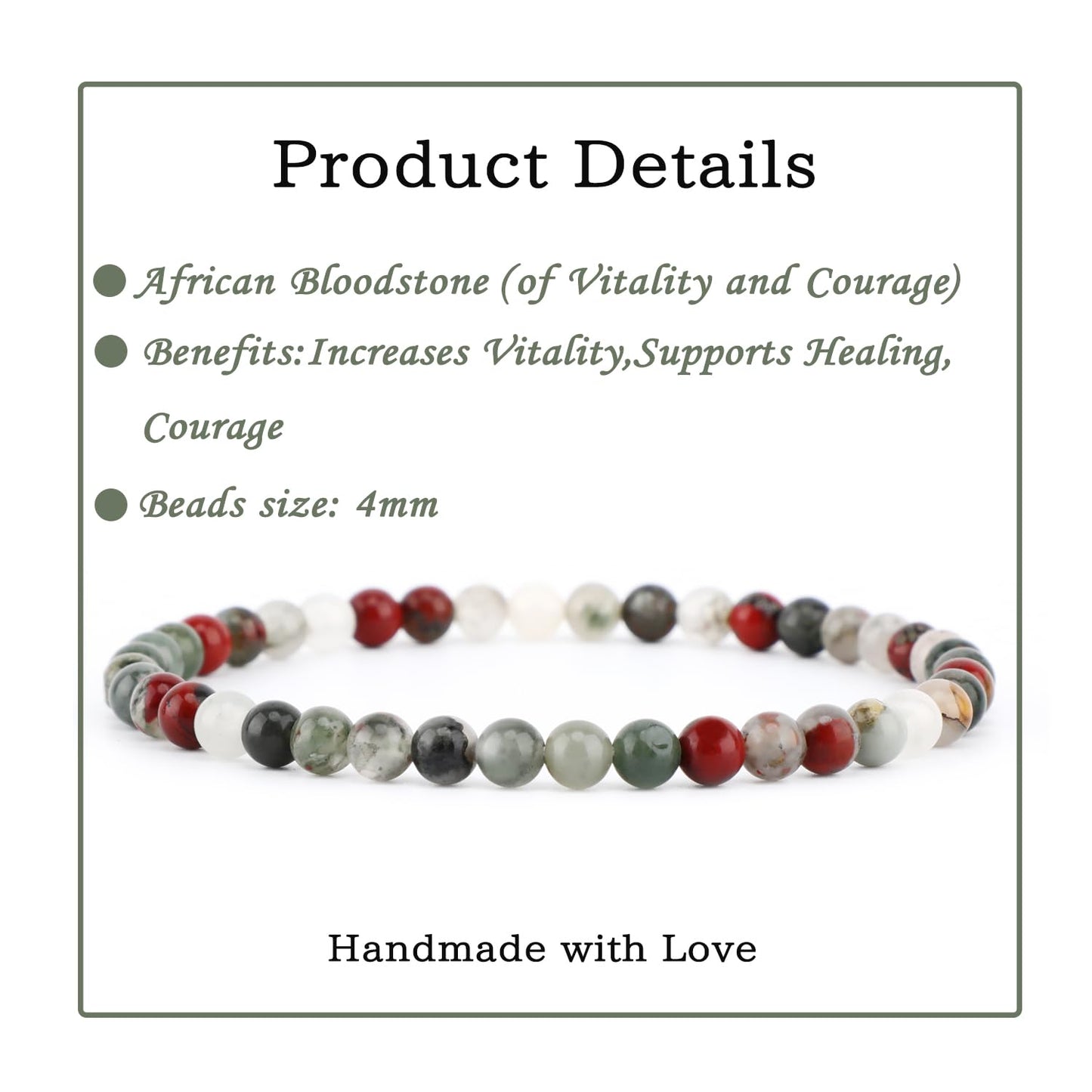 Bymitel 4mm African Bloodstone - Handmade Reiki Gemstone Stretch Bracelet, Natural Beauty & Spiritual Essence, Crystal Healing for Unisex Adults