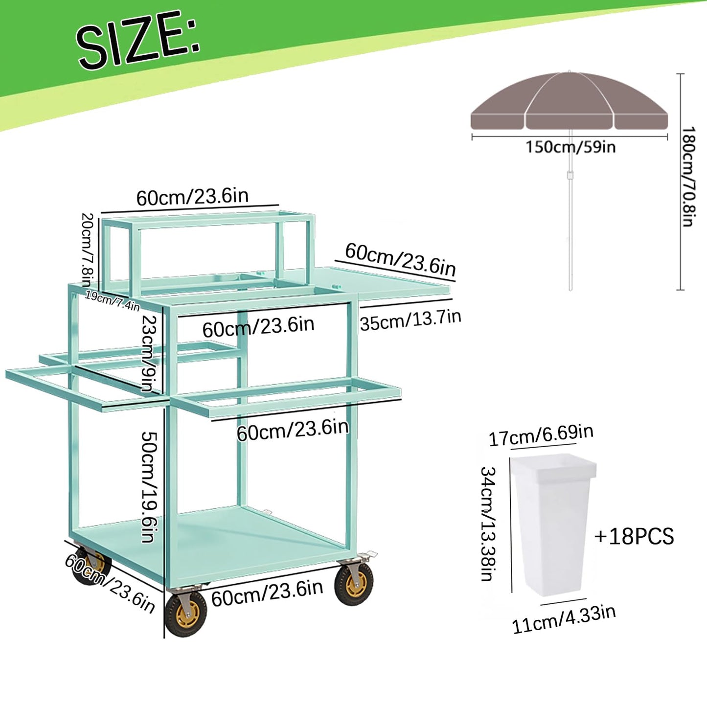 Metal Outdoor Flower Display Stand with Flower Display Stand with 18 Buckets, Flower Cart Display Stand with Wheels，Flower cart for Florist, Patio Garden(Color:Blue,Pink,White) (White)