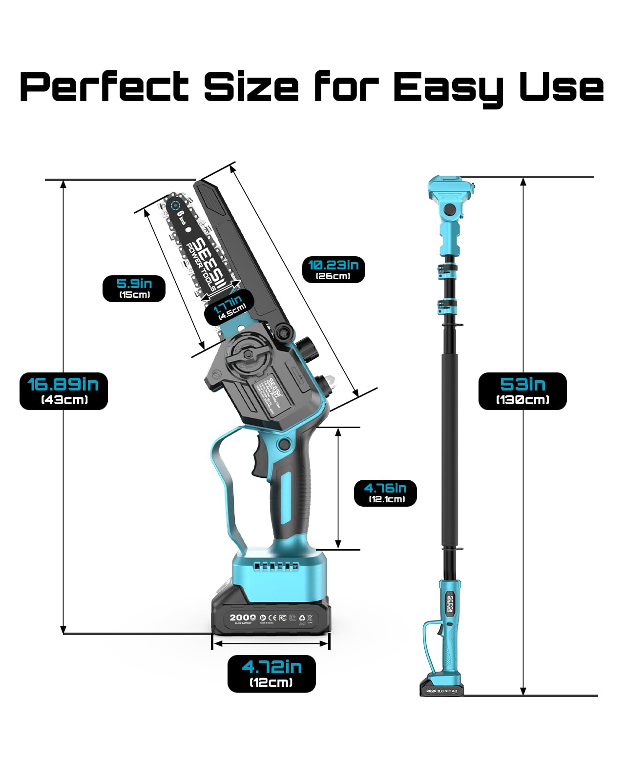 SEESII 2-in-1 Electric Pole Saws for Tree Trimming, 6 Inch Mini Chainsaw Cordless with Extension Pole, Battery Powered Pole Chain Saw, Tree Trimmer Limb Branch Cutter Pruner with 2 Battery P6 Plus