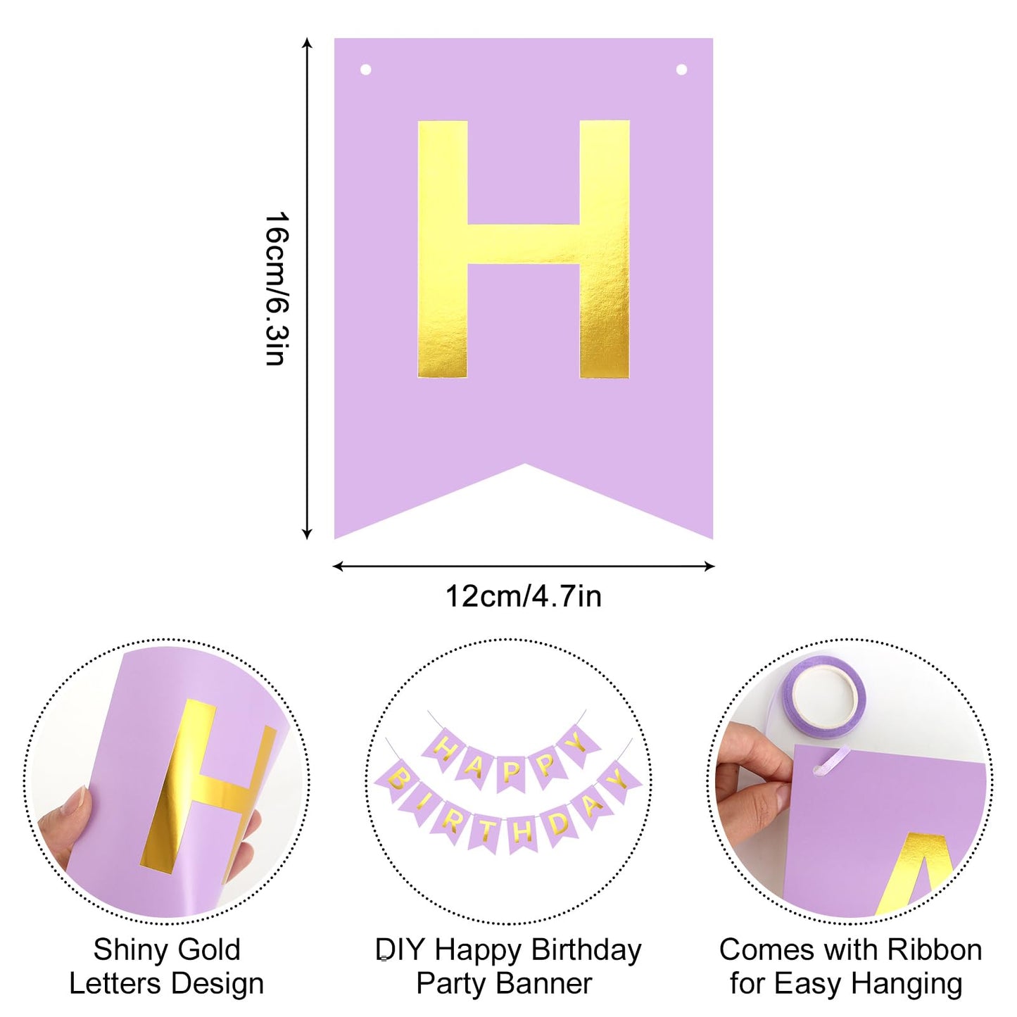 JHZMCRX Happy Birthday Banner Sign Birthday Garland Wall Door Banner Flag Name Signs for Women Men Boys Girls Birthday Party Backdrop Decorations Golden Letters Light Purple