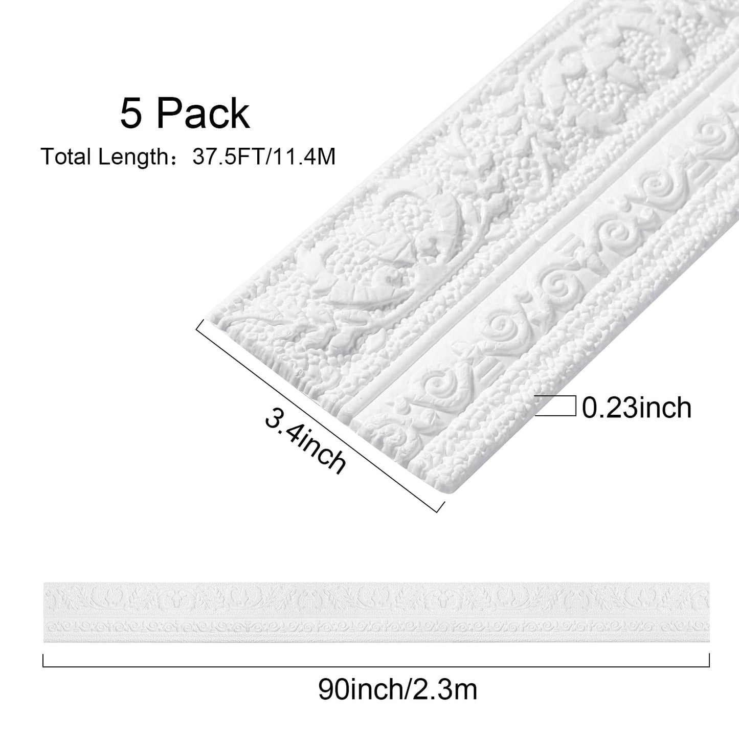 TaoBary 90 x 3 Inch Self Adhesive Flexible Foam Molding Trim Wallpaper Border 3D Sticky Decorative Wall Lines Peel and Stick Wall Baseboard Trim for Home Hotel DIY Decor(5 Roll,White)