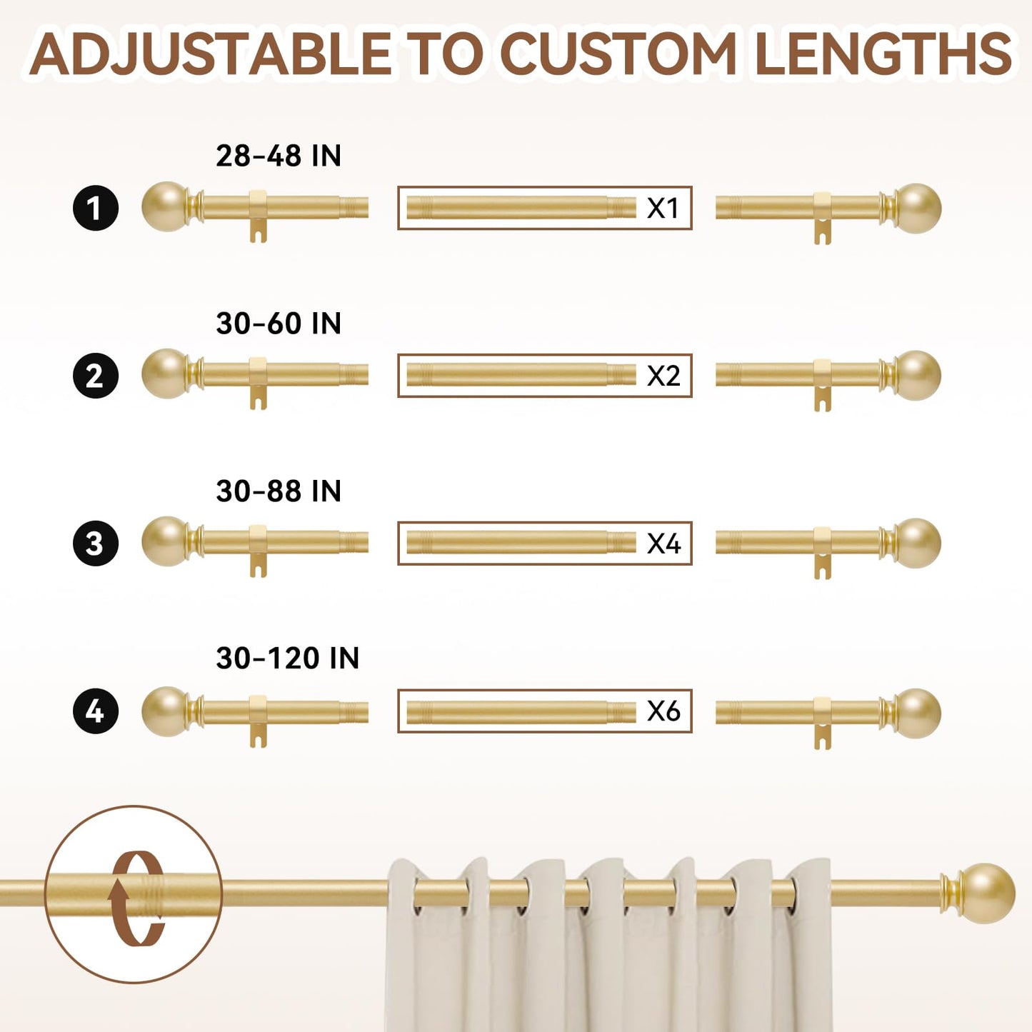 Gold Curtain Rod for Windows 28 to 48 Inch, 5/8 Inch Diameter Heavy Duty Splicing Adjustable Curtain Rods With Brackets, Easy to Install, Suitable for Bedroom, Patio and Outdoor