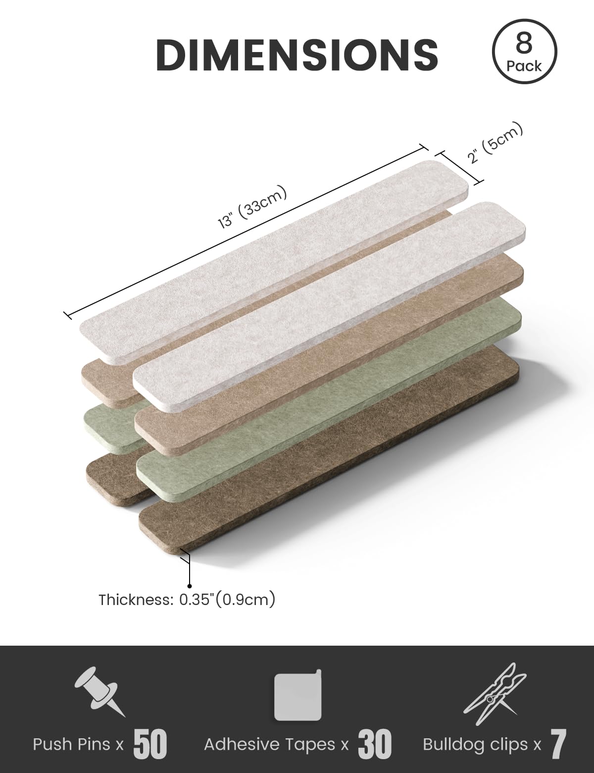 Fluxynara Cork Board Alternative Felt Strip Board 8-Pack 13"x2", Office Pin Board with 50 Push Pins, Adhesive Install for Bedroom Door & Home Office(Linen Dusk)