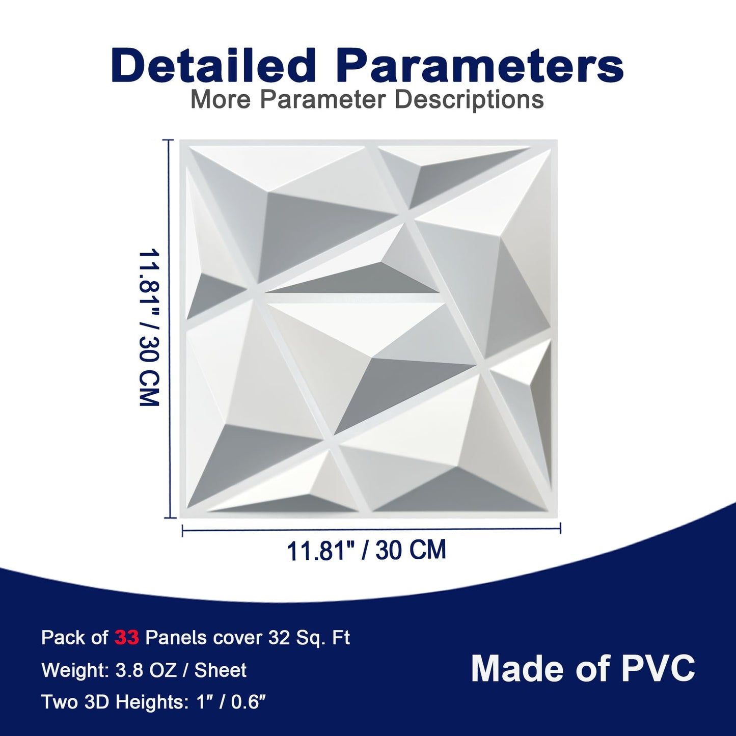 MIX3D 33 Pack 3D Wall Panels, Modern Diamond Textured Design for Interior Wall Decor in Living Room Bedroom Game Room Office Hotel, White, 12'' x 12'' Cover 32 Sq. Ft