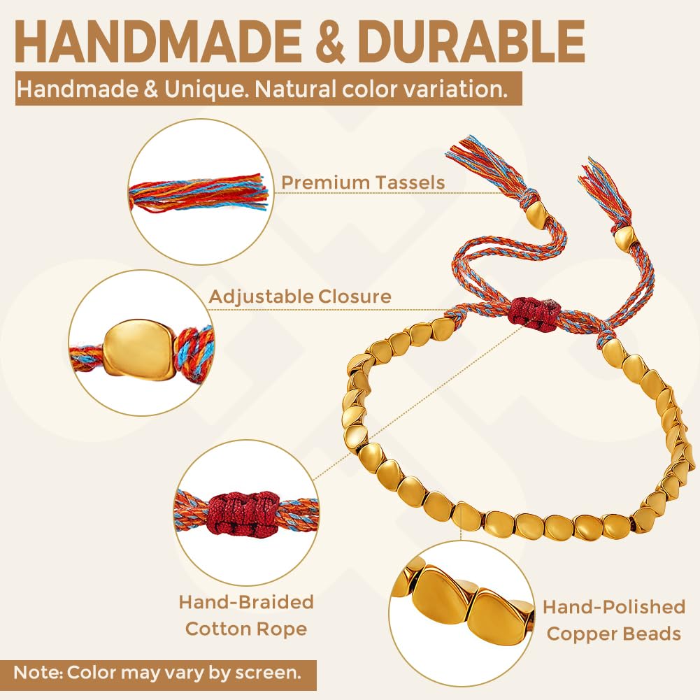 Buddha Stones Tibetan Copper Bead Bracelet, Handmade Braided Cotton String Tibetan Copper Bracelet, Polished Copper Beads Tibetan Bracelet, Adjustable Unisex Copper Bracelet Gift for Women and Men, Includes Gift Box