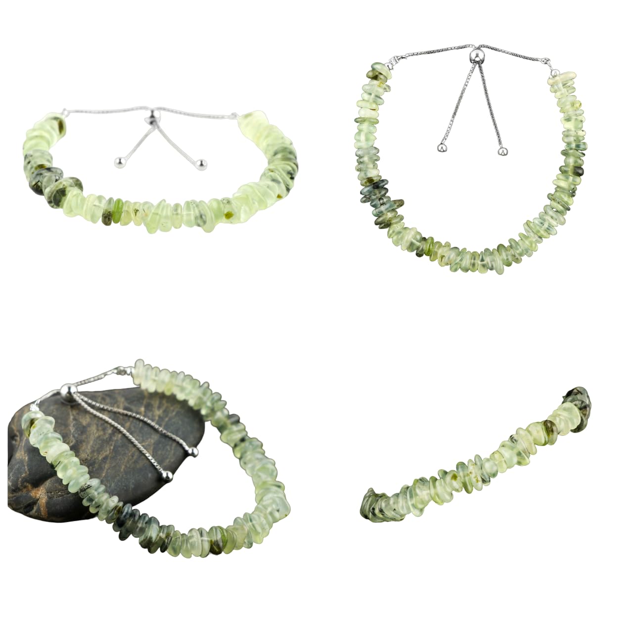 CRYSTALIS Natural Prehnite Plain Submarine Beads Adjustable Bracelet, High Grade Gemstones, Chakra Healing Stones, Gift Giving Jewelry, 925 Sterling Silver Womens Bracelet 8 inch