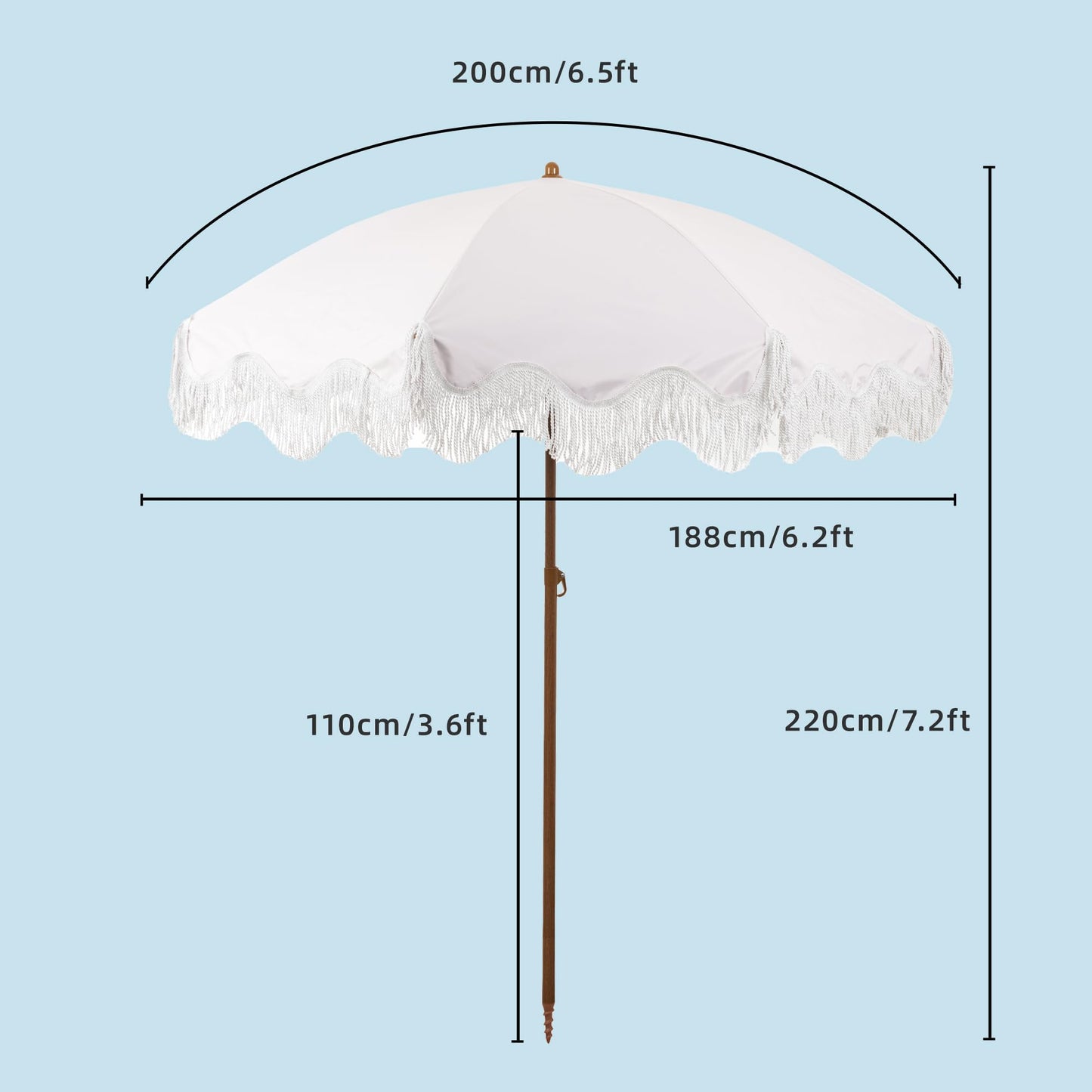 Rayjee 6.5FT Patio Umbrella with Fringe, UV Protection Beach Umbrella with Tilt & Adjustable Height, Includes Carry Bag & Ground Stake, Outdoor Umbrella for Pool, Garden, Backyard -Beige