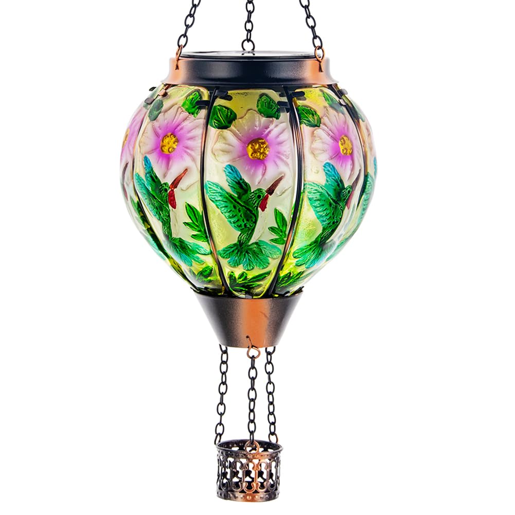 DREAMSOUL Hummingbird Hot Air Balloon Solar Lantern, Hanging Solar Lanterns Outdoor with Flickering Flame Light, Metal & Glass Solar Lanterns Outdoor Waterproof for Patio Yard Decor