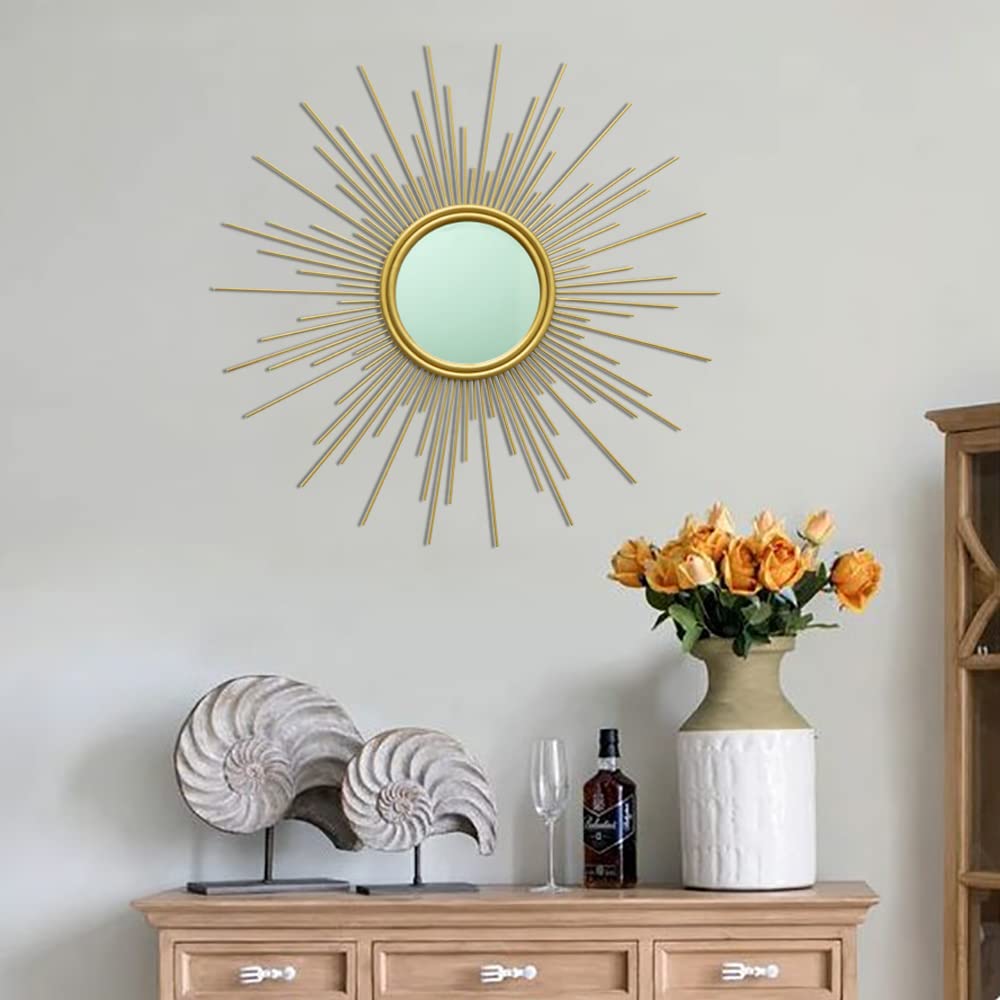 MAIKAILUN 24'' Gold Sunburst Wall Mirror Boho Home Decor Mordern Round Hanging Wall Art for Living Room/Bedroom/Bathroom/Entryway