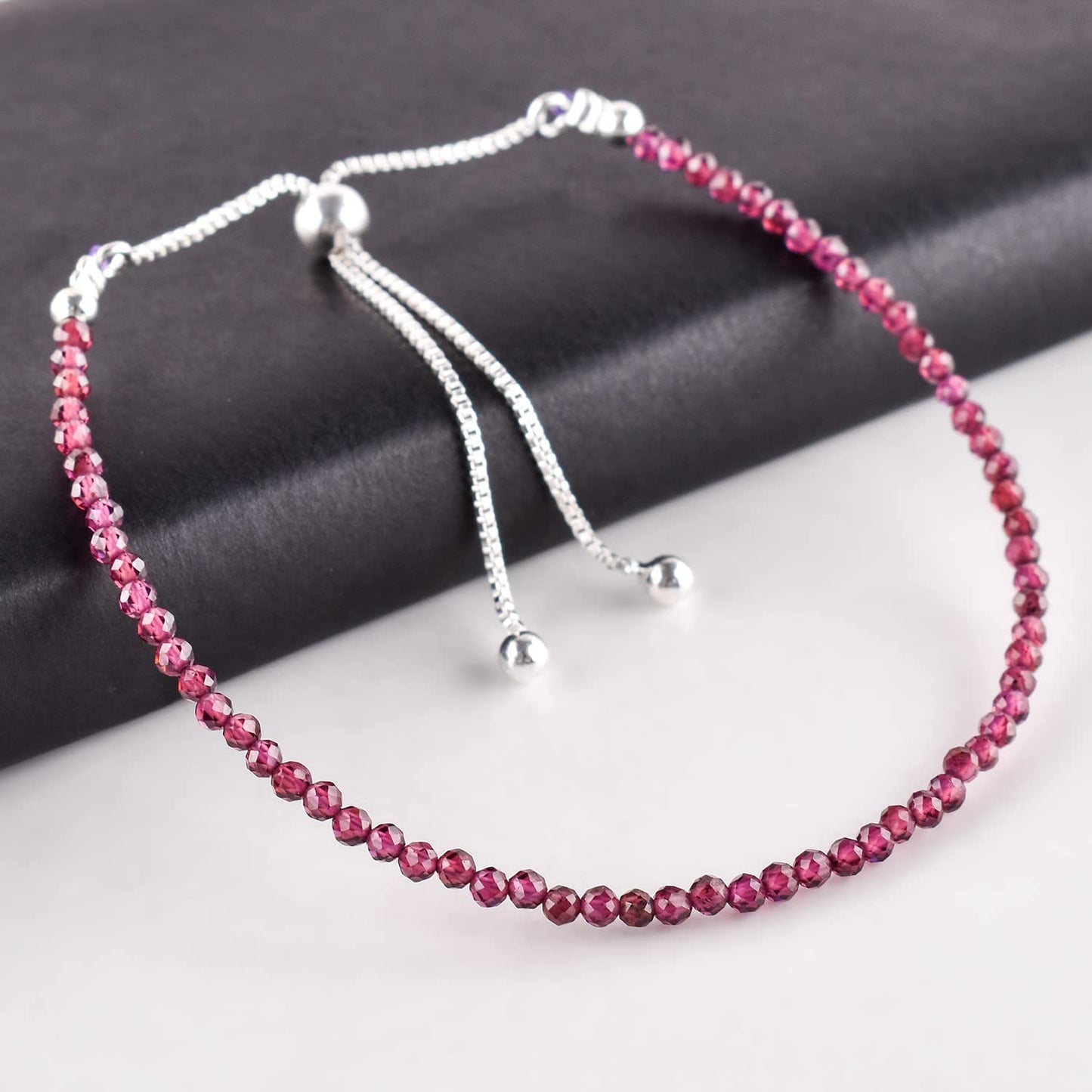 ZEMBIENCE Natural Rhodolite Garnet Gemstone Bolo Bracelet, Micro-Faceted Beads, Chakra Healing Crystals, Silver Plated, Adjustable Slider, Handmade, Women Jewelry, Valentine Gift for her, Size 10"