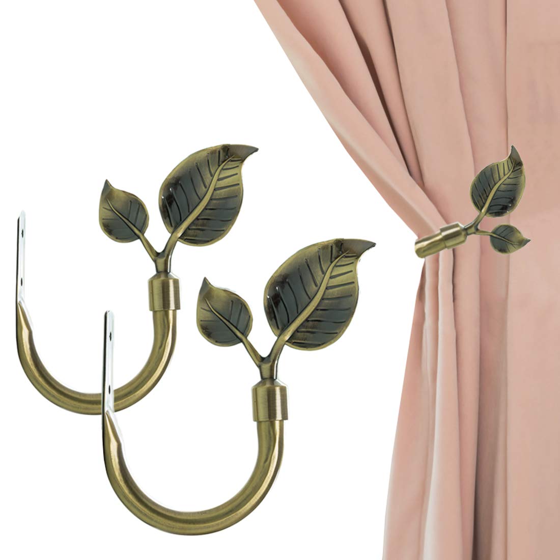 HIKMLK Leaf Shaped Curtain Tieback Holdbacks 2pcs, Handmade Metal Curtain Side Holders for Wall, Curtain Hook Pull Backs for Drapes Window Decoration (Antique Brass)