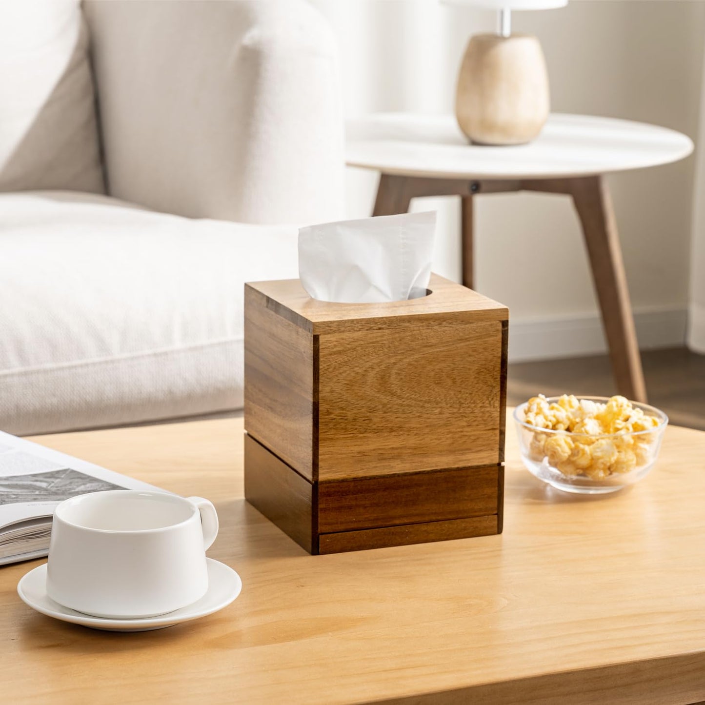 MyGift Premium Dual Tone Solid Acacia Wood Square Bathroom Facial Tissue Box Dispenser Holder Cover with Slide-Out Bottom Panel, 5.5 x 5.5 x 6.3 Inches