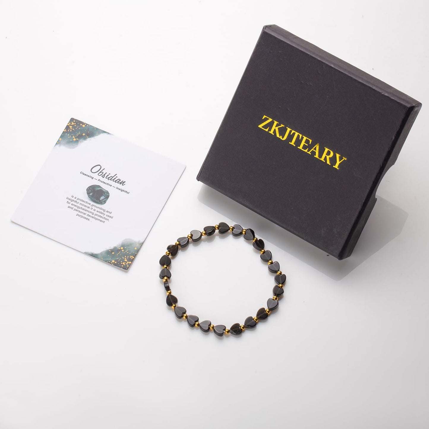Heart Black Obsidian bracelet for Women Men 18k gold plated Beads Natural Stone Healing Real Crystal Stretch bracelet Gemstone Onyx bracelets Obsidian Jewelry for Women Men Mom Girlfriend (Black Obsidian)