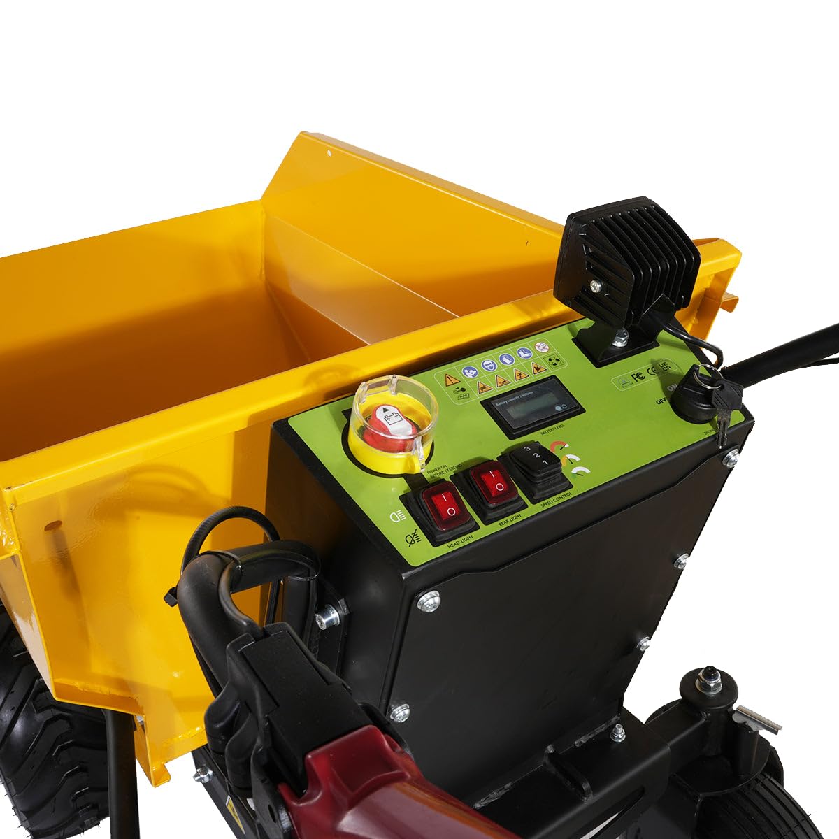 MechMaxx 1100Lbs Loading Battery Powered Barrow Electric Mini Dumper Dump Cart Wheel Barrow, with 30W Light, 1000W 48V Brushless DC Motor, LED Display Screen, Model E50 (Yellow)