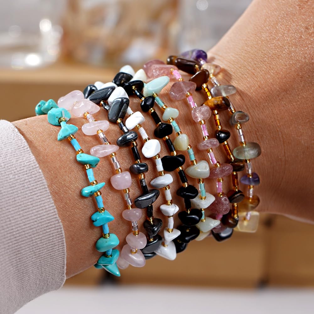 SHINUS BOHO Healing Natural Crystal Beaded Stretch Bracelet for Women,Handmade Boho Irregular Turquoise Energy Stones Attention Courage Bracelet Summer Beach Fashion Jewelry Gift Friendship
