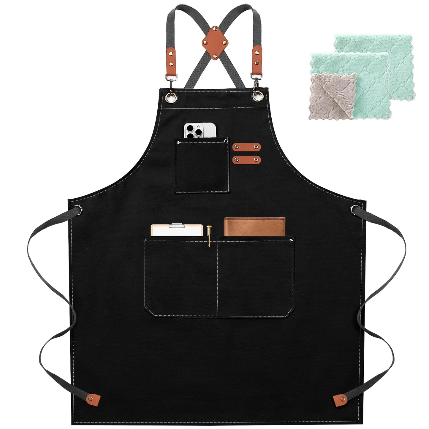 ZOMAO Chef Apron for Women Men with Large Pockets, Cotton Canvas Cross Back Waterproof Work Aprons for Kitchen Cooking Bib (Black)