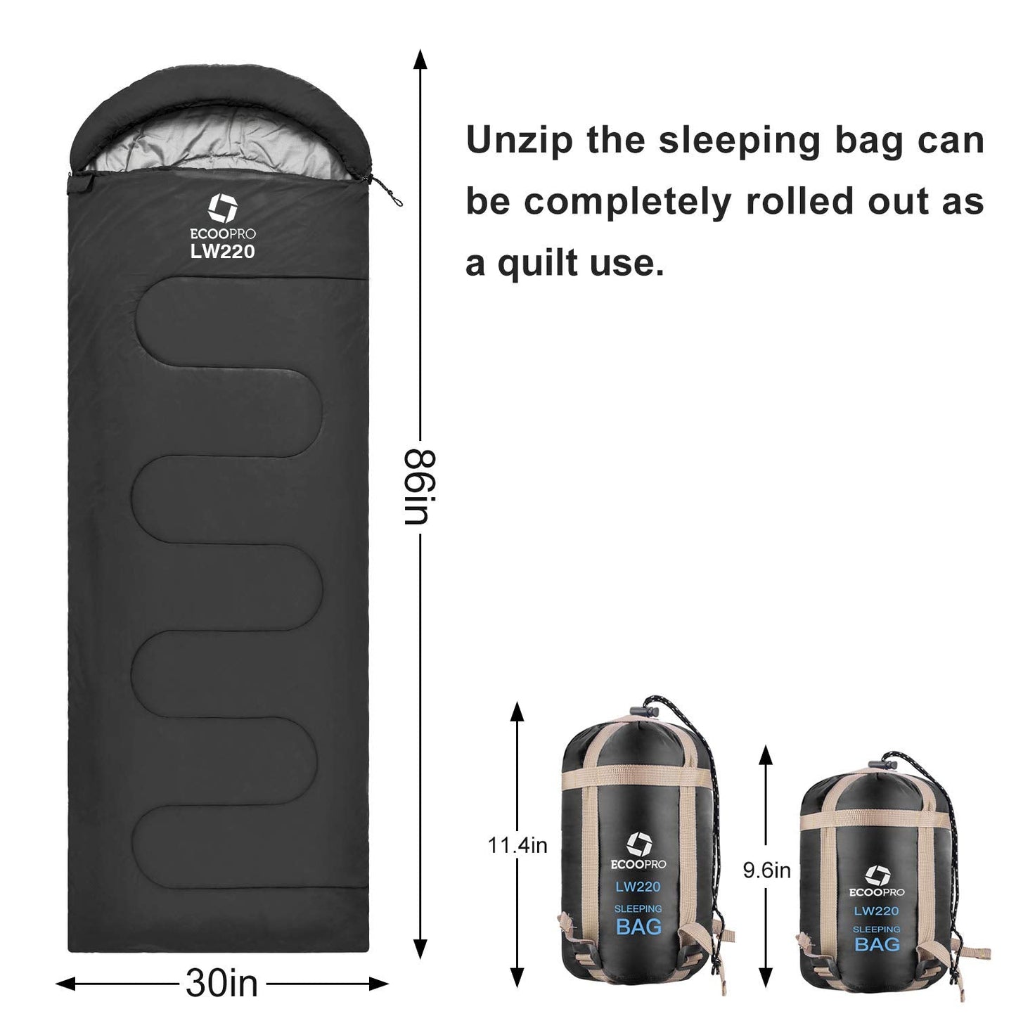 ECOOPRO Warm Weather Sleeping Bag - Portable, Waterproof, Compact Lightweight, Comfort with Compression Sack - Great for Outdoor Camping, Backpacking & Hiking-83 L x 30" W Fits Adults (B-Black)