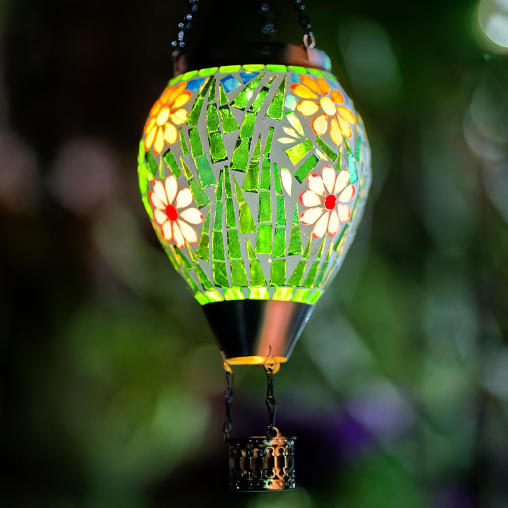 Giole Mosica Hot Air Balloon Solar Lantern, Flower Pattern Glass Hanging Solars Lanterns Outdoor Waterproof Decorative Solar Light for Garden, Yard, Patio Decor
