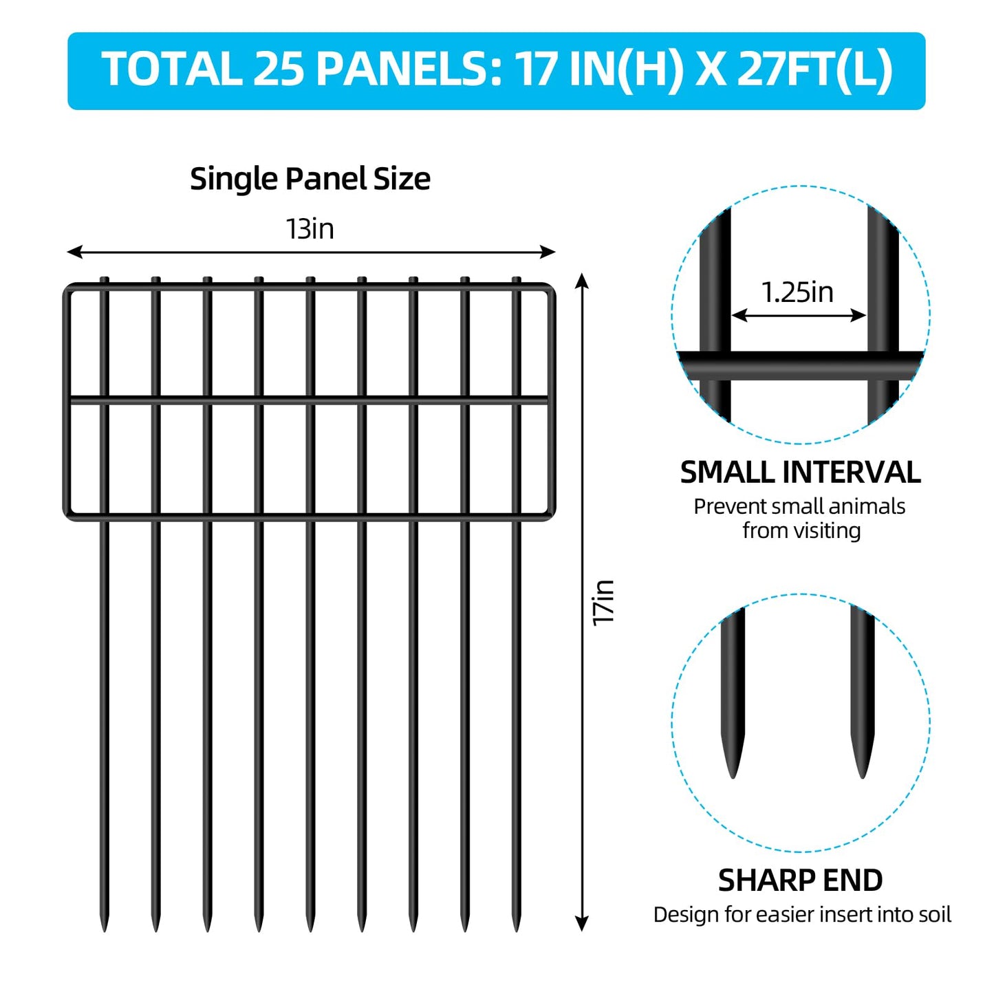 25 Panels Garden Fencing Animal Barrier, 17in (H) X 27ft (L) Dog Dig Fence Barrier, 1.25in Gap Rustproof Metal Stakes Decorative Garden Fence, Ground Defense Border Fence for Outdoor, Yard, Patio