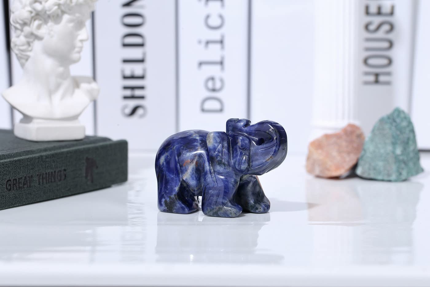 YATOJUZI 2" Blue Solidate Elephant Decor Cute Polished Natural Stone Hand Carved Pink Healing Crystal Sculpture Statue Figurines Gemstone Hippie Home Room Office Desk Decoration Gifts for Women Men