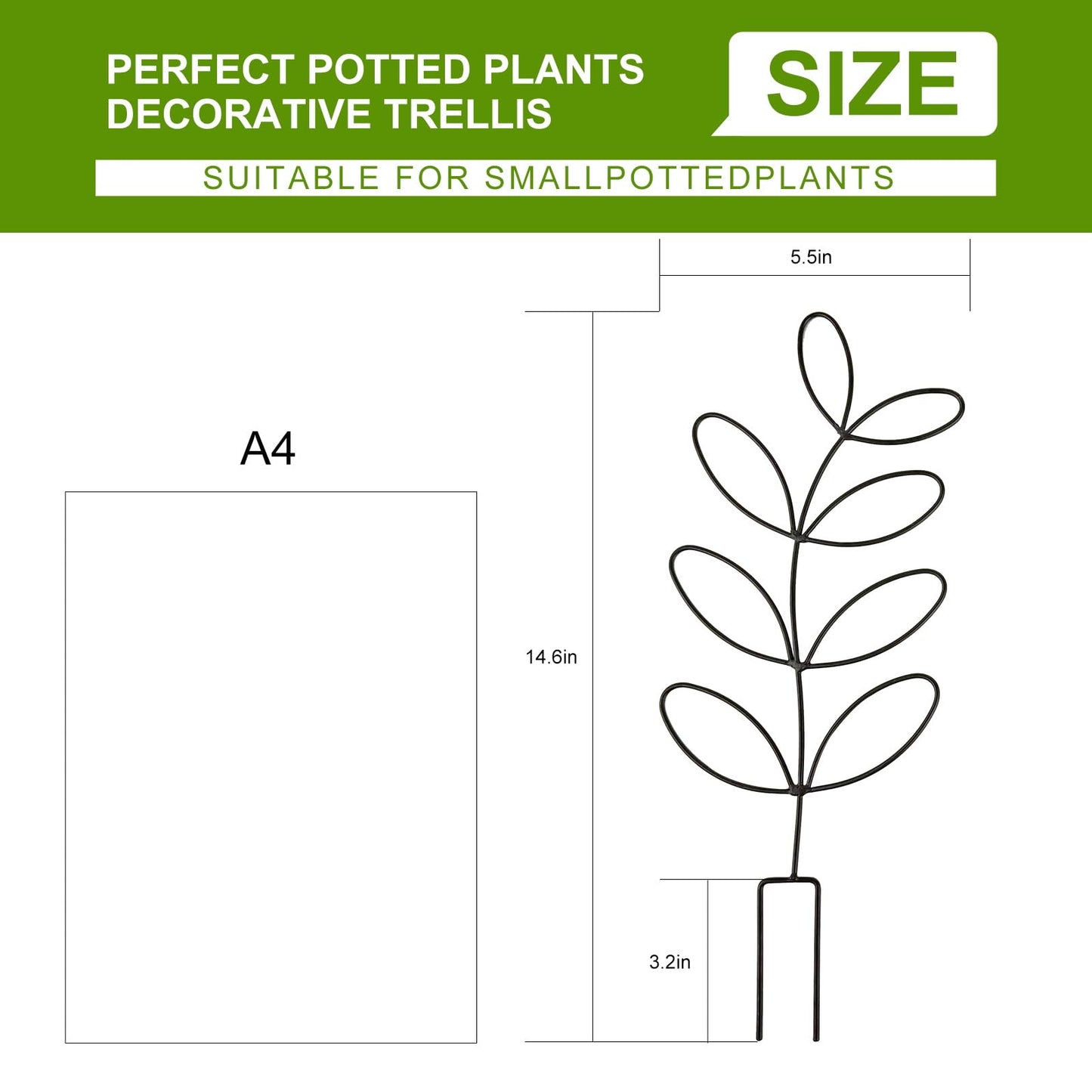 2 Pack 14.6 Inch Plant Trellis Indoor for Climbing Plants with 50 Plant Ties, Small Metal Garden Trellis for Potted Plants, Leaf Shaped Support for Ivy Hoya Pothos Monstera Houseplants