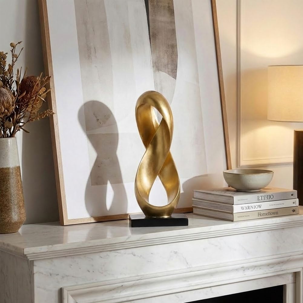 QIANLING 14.6" Tall Abstract Gold Knot Sculpture, Modern Resin Infinity Loop Statue, Modern Tabletop Decor for Coffee Table, Bookshelf, Mantel, Entryway, Living Room Office Accent Centerpiece