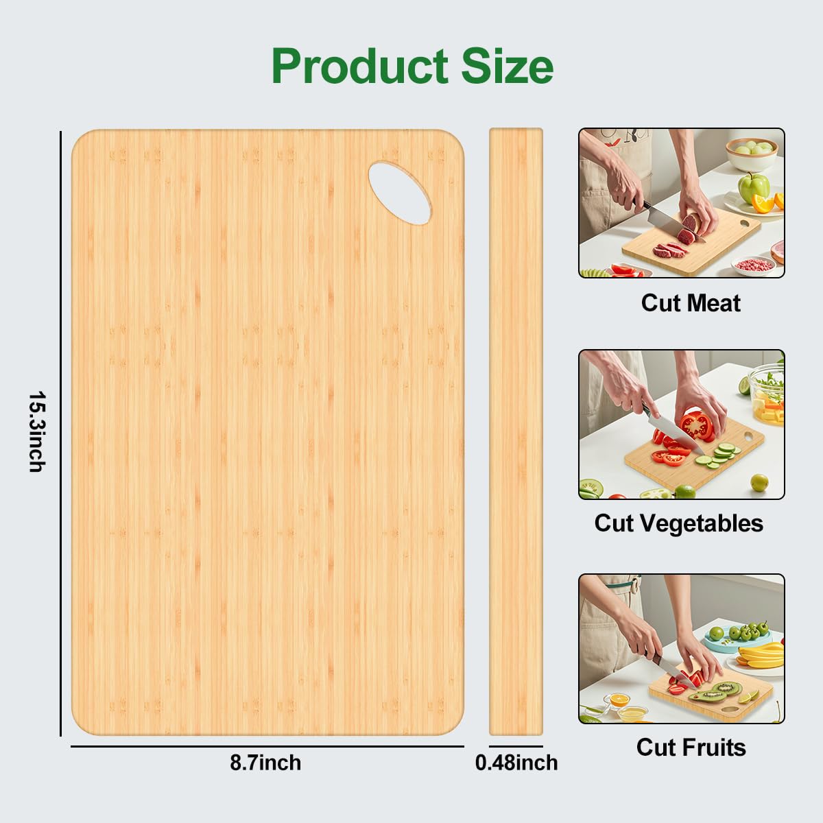 Viretang Wooden Cutting Boards for Kitchen, 15.3 * 8.7'' Knife Friendly Bamboo Cutting Board Lightweight & Durable Chopping Board with Hang Hole for Easy Storage & Clean, Large