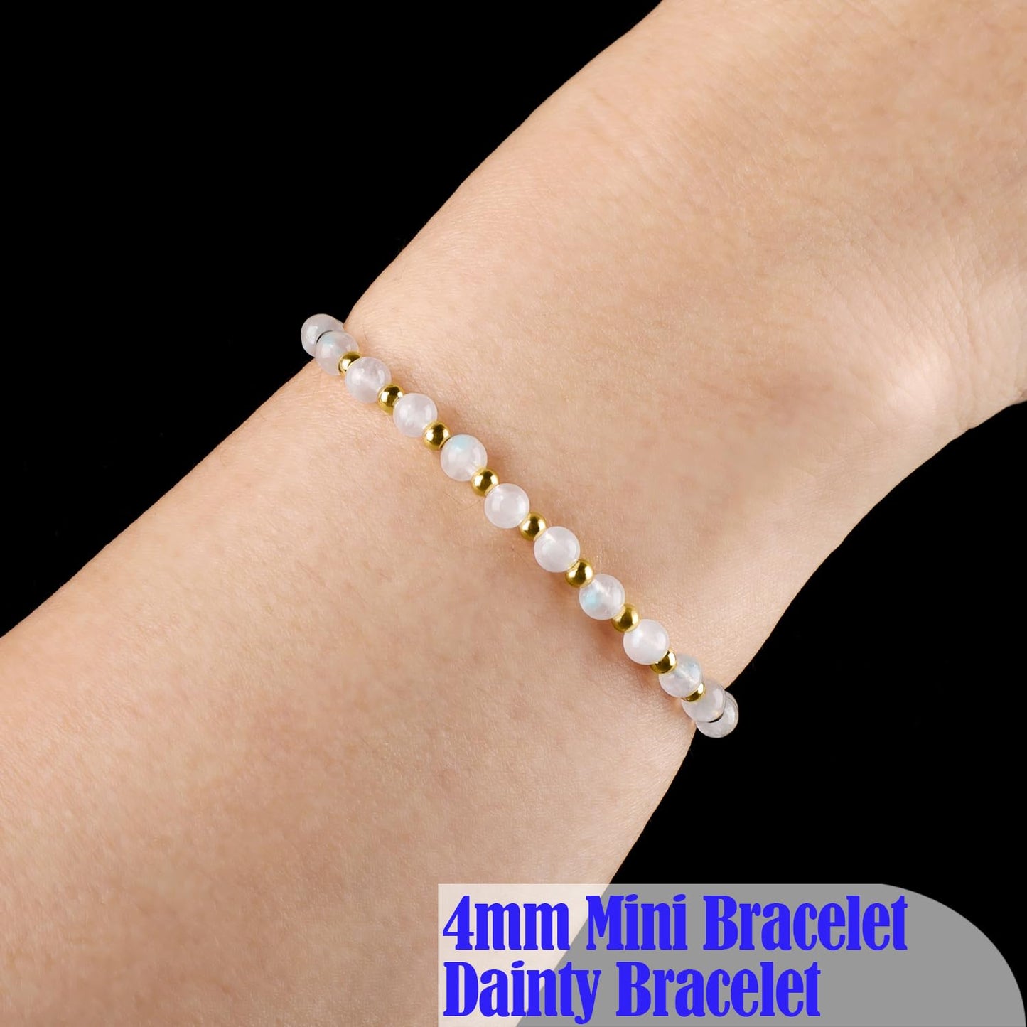 QOGIR Moonstone - New Beginnings - 14K Gold Plated Beads Natural Gemstone Stretch Elastic Dainty Healing Beaded Bracelets Gifts 4mm