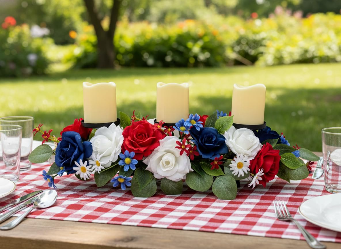 Svndlyn 4th of July Decorations,Patriotic Floral Arrangement Centerpiece for Table,Centerpiece with 3 Candle Holder,Red White and Blue Fake Rose Flowers for Independence Day Home Decor,Memorial Day