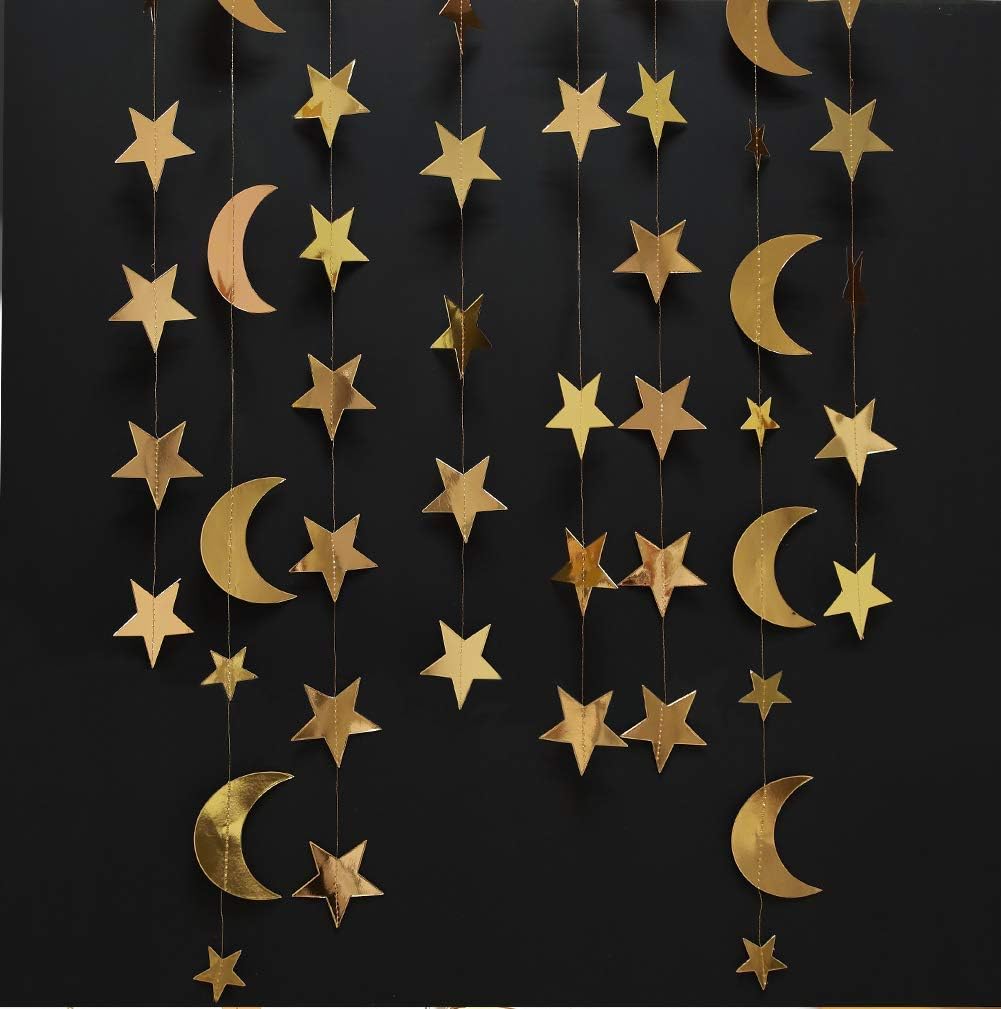 Decor365 Gold Moon Star Garland Ramadan Decorations Twinkle Little Star Two the Moon Birthday Party Decoration Whimsical Decor Starry New Year Eve Banner Hanging Stars Baby Shower EID Muburak Decor