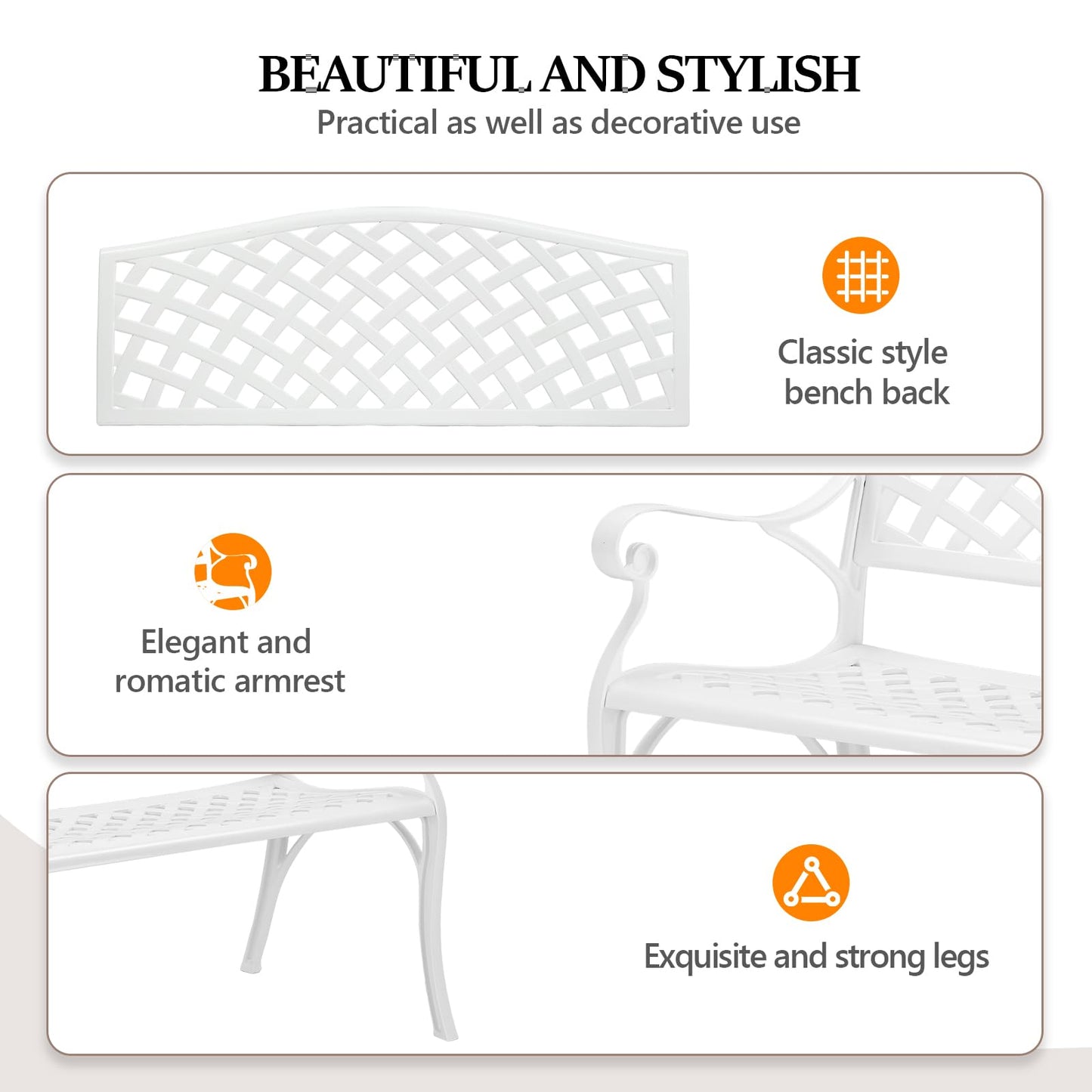 VINGLI 40.5" Patio Garden Bench,Anti- Rust Cast Iron Cast Aluminum Frame for Outdoor Path Yard Lawn Work Entryway Decor Deck (White)