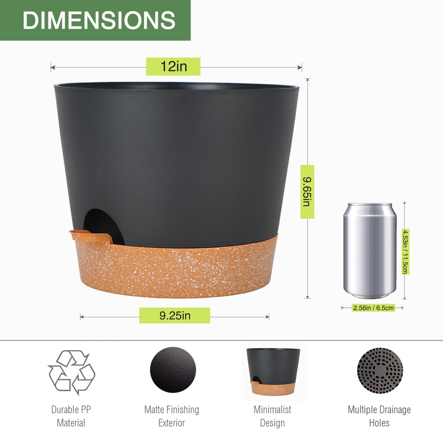 SwinDuck 12inch Large Self Watering Plant Pot, Plastic Cylinder Planter with 60Oz Deep Reservoir and Saucer for Indoor Outdoor Plants Flowers Houseplants, Black with Brown